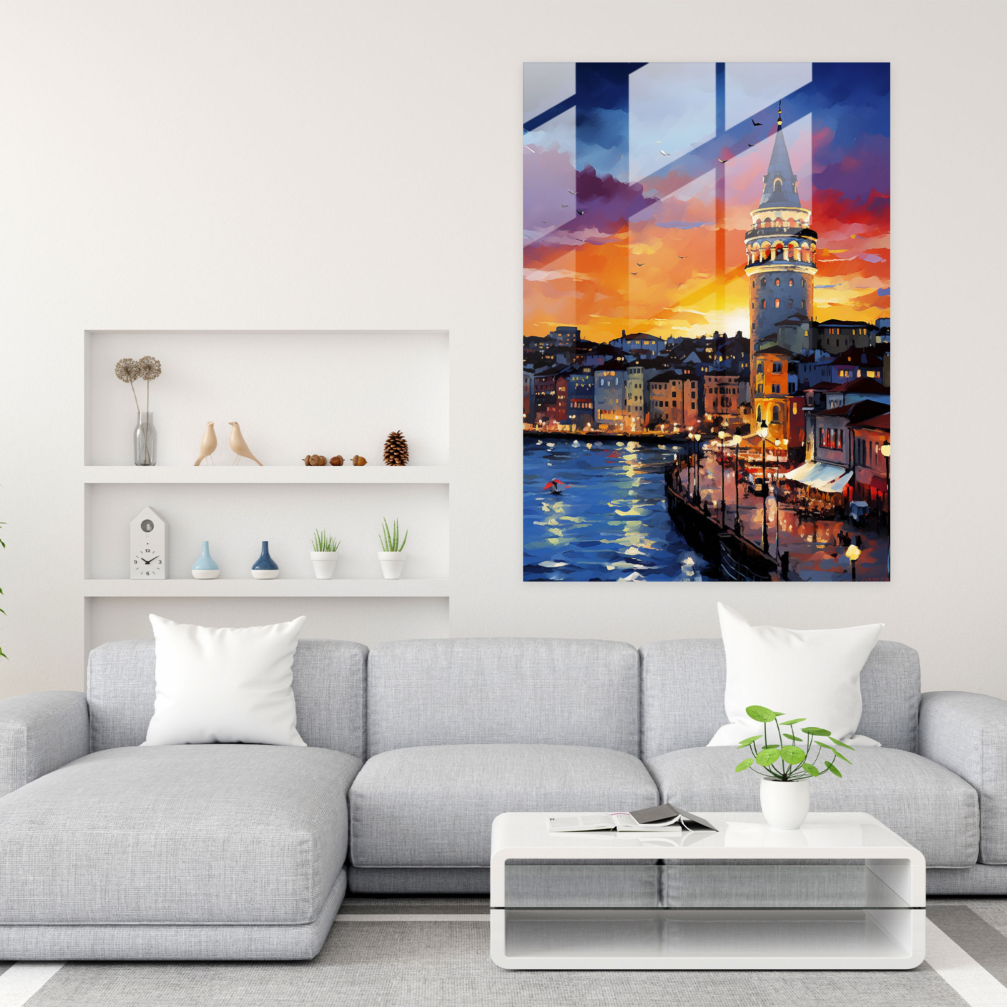 Dinamik Galata Kulesi Cam Tablo - Galata Kulesi Şehir Manzarası Modern Sanat Duvar Dekorasyonu