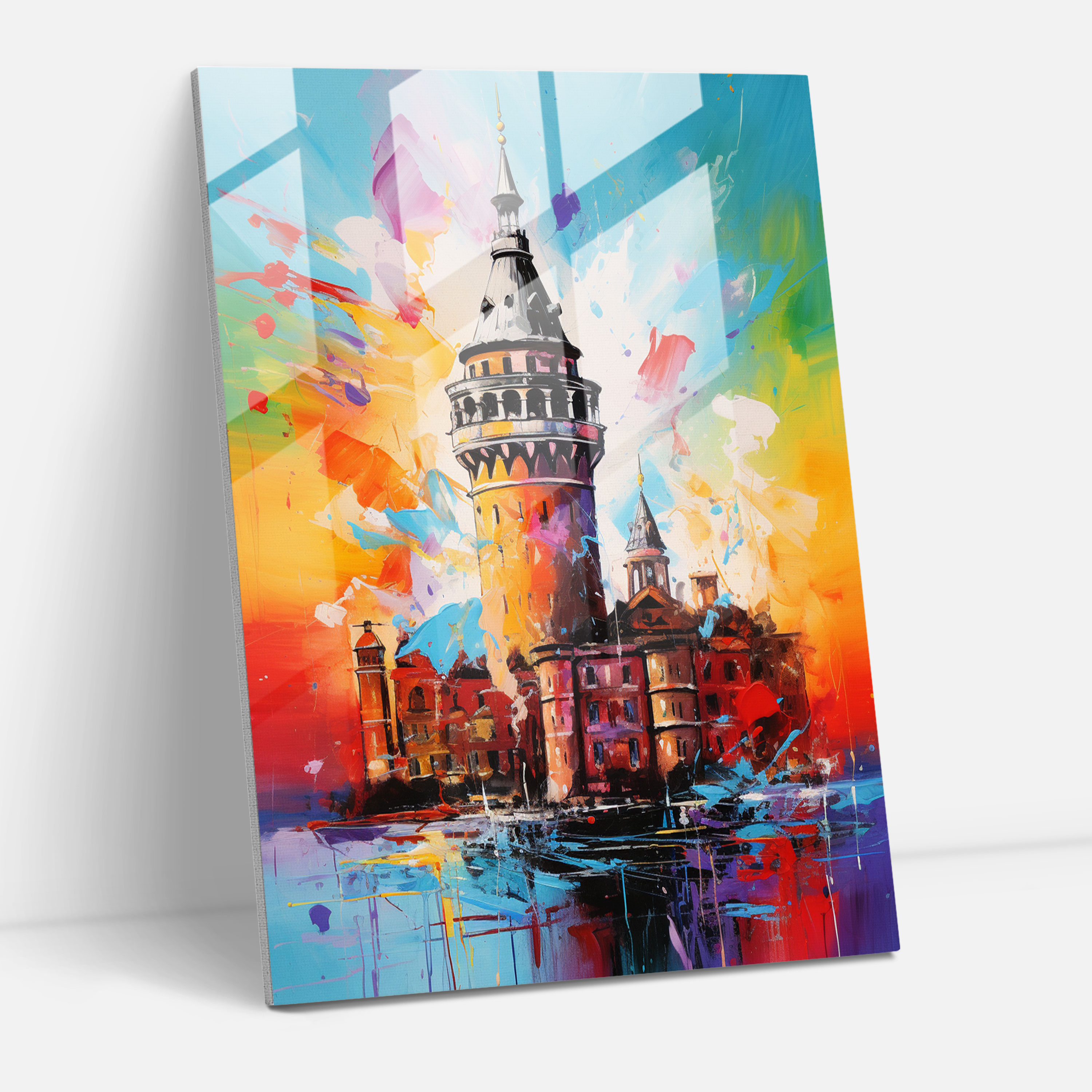 Galata Kulesi Cam Tablo - Modern Sanat Dinamik Fırça Darbeleri Duvar Dekorasyonu