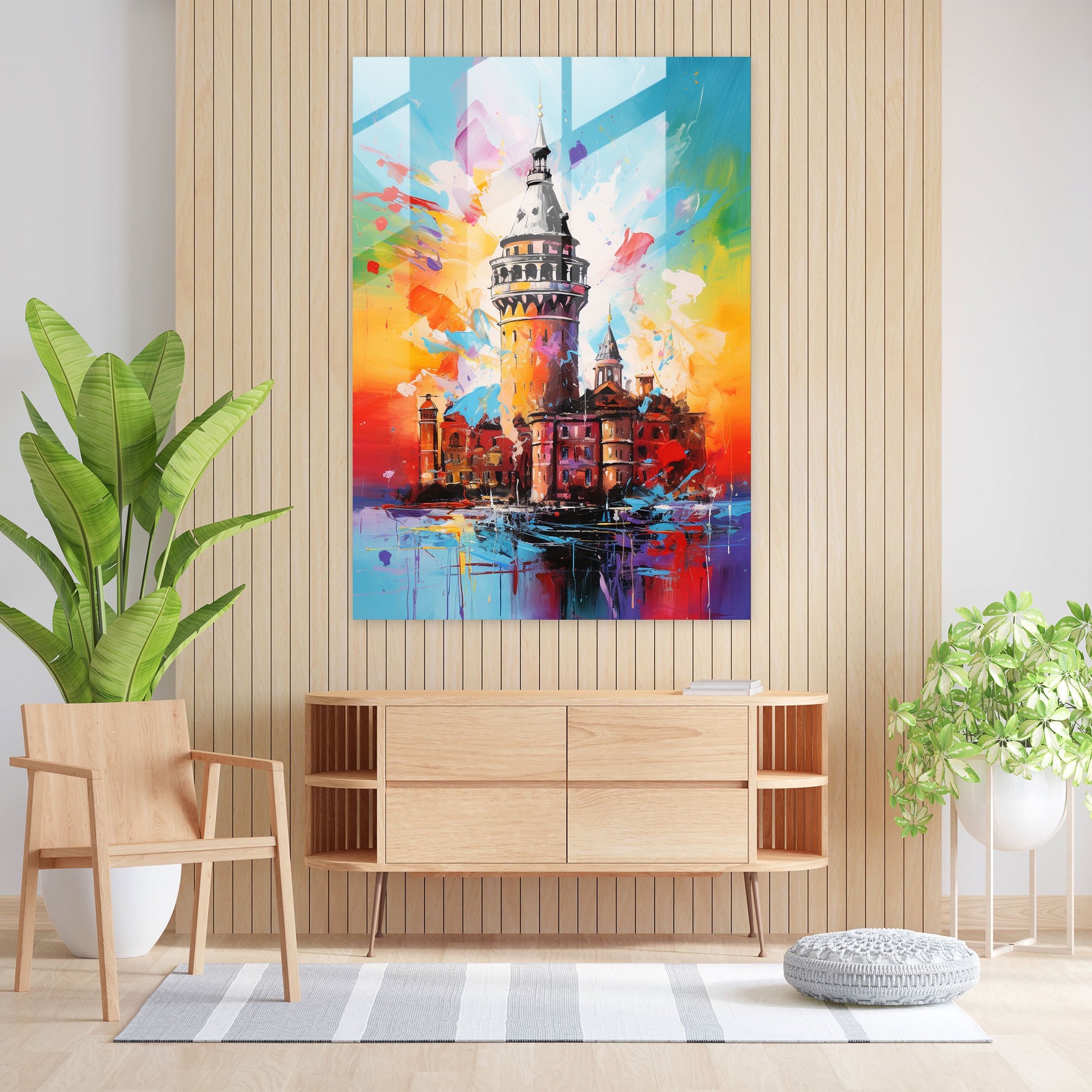 Galata Kulesi Cam Tablo - Modern Sanat Dinamik Fırça Darbeleri Duvar Dekorasyonu