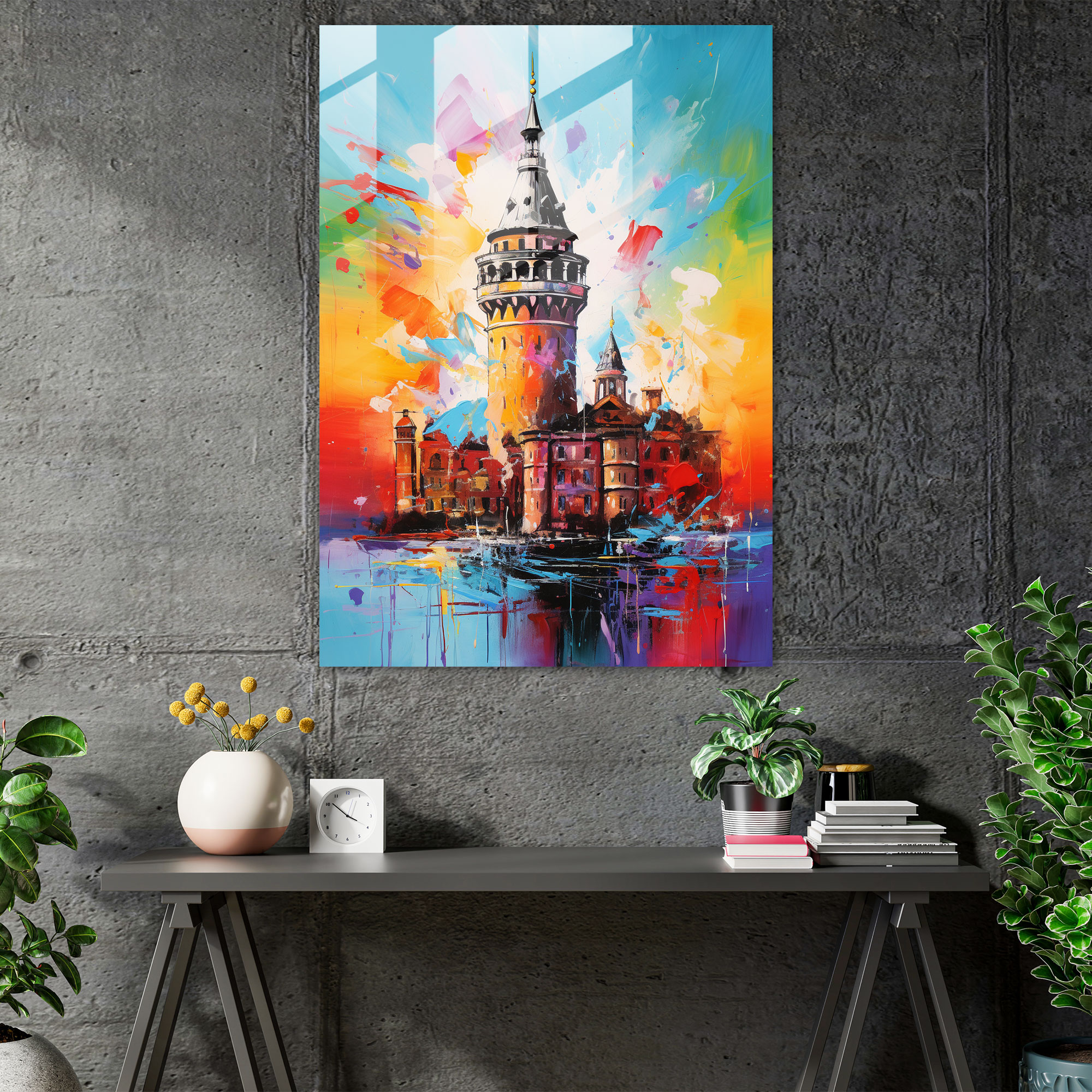 Galata Kulesi Cam Tablo - Modern Sanat Dinamik Fırça Darbeleri Duvar Dekorasyonu