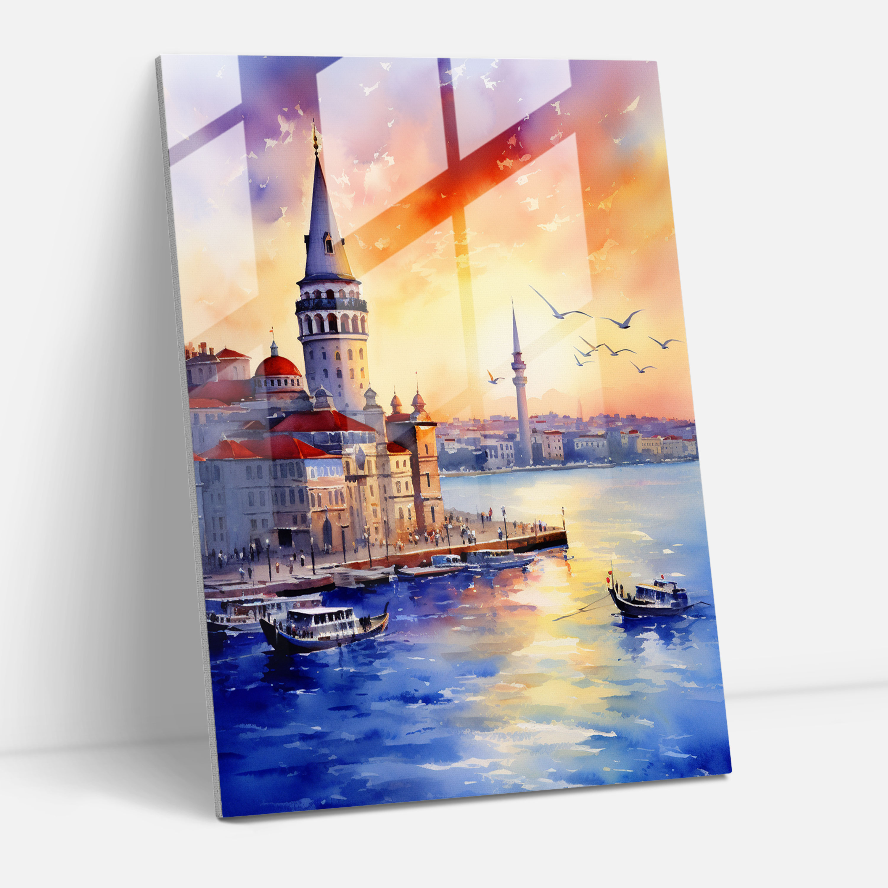 Galata Kulesi Cam Tablo - Galata Kulesi Cam Tablo Günbatımı Surealizm