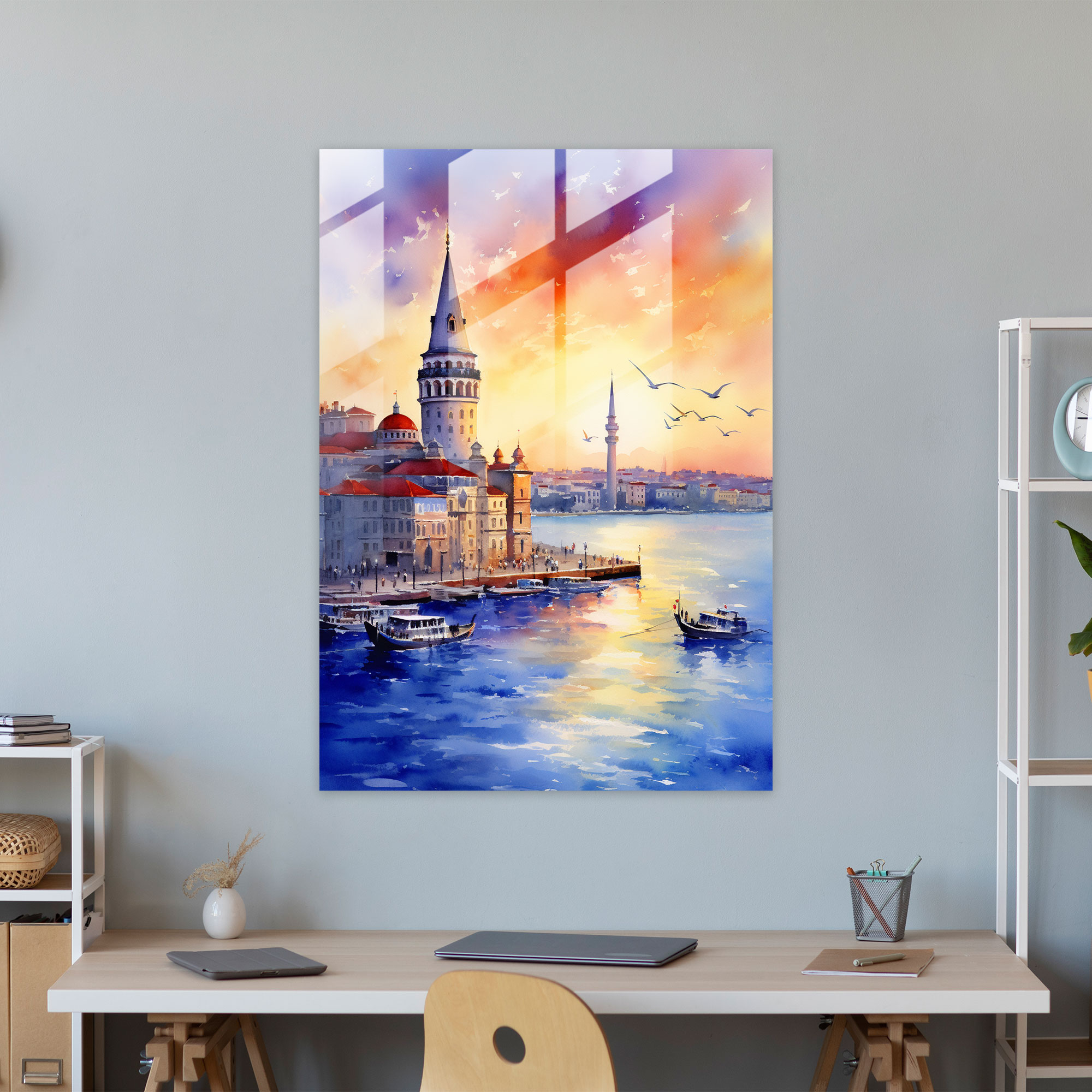 Galata Kulesi Cam Tablo - Galata Kulesi Cam Tablo Günbatımı Surealizm
