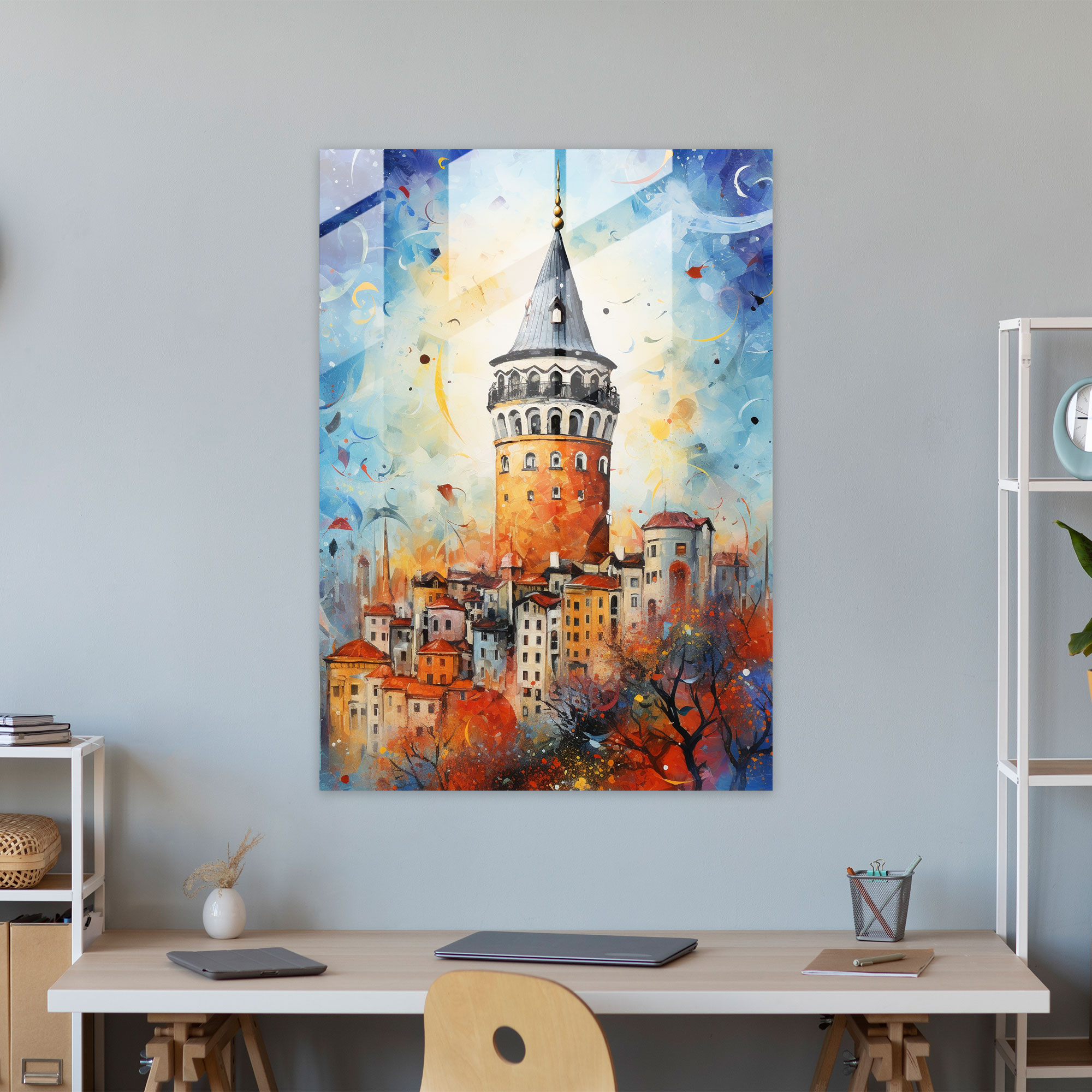 Galata Kulesi Cam Sanatı - Galata Kulesi Cam Duvar Sanatı Ev Dekorasyonu Karışık Medya Eseri