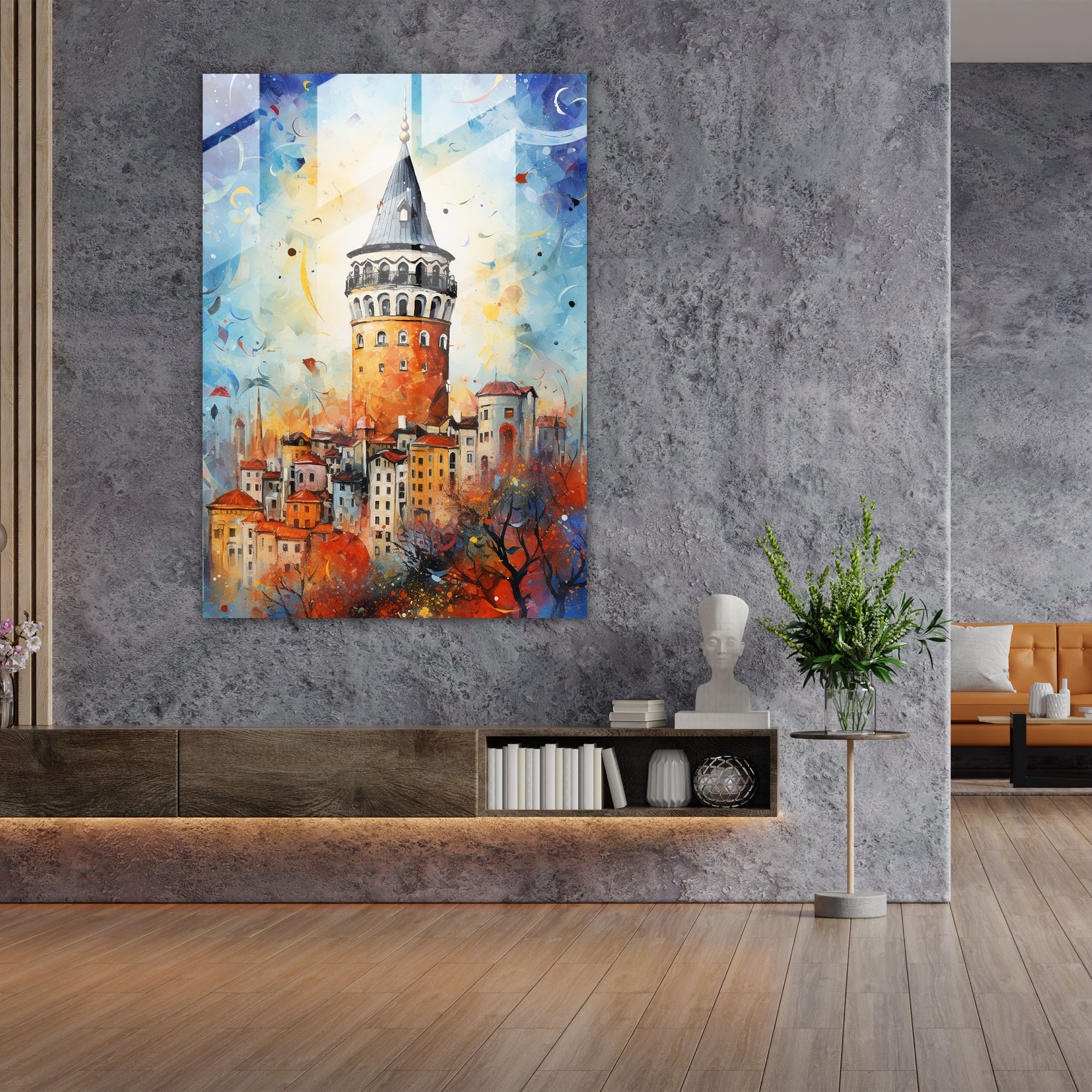 Galata Kulesi Cam Sanatı - Galata Kulesi Cam Duvar Sanatı Ev Dekorasyonu Karışık Medya Eseri
