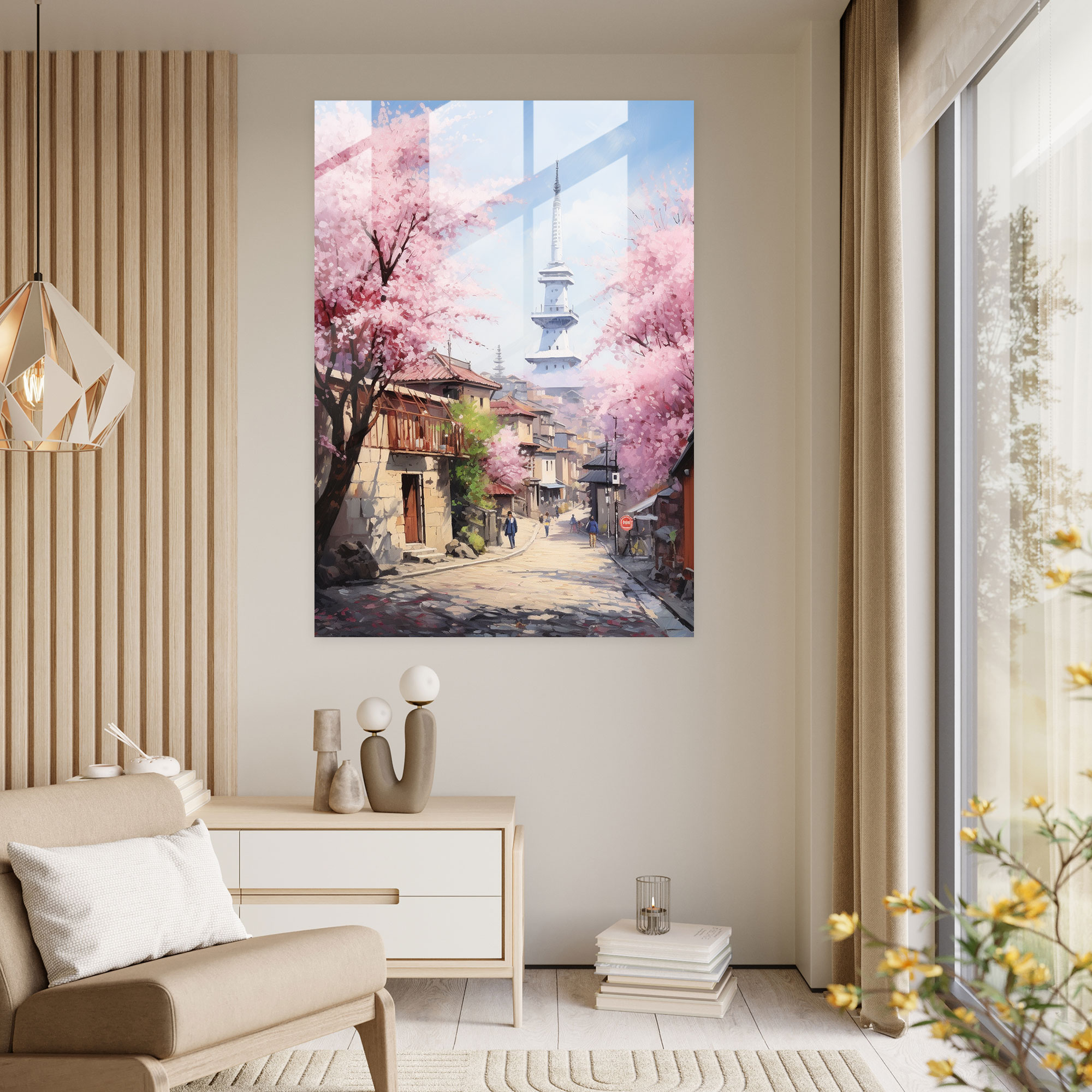 Galata Kulesi Cam Tablo Sanatı - Ev Dekorasyonu Kiraz Çiçekleri Gerçekçi Sanat Eseri