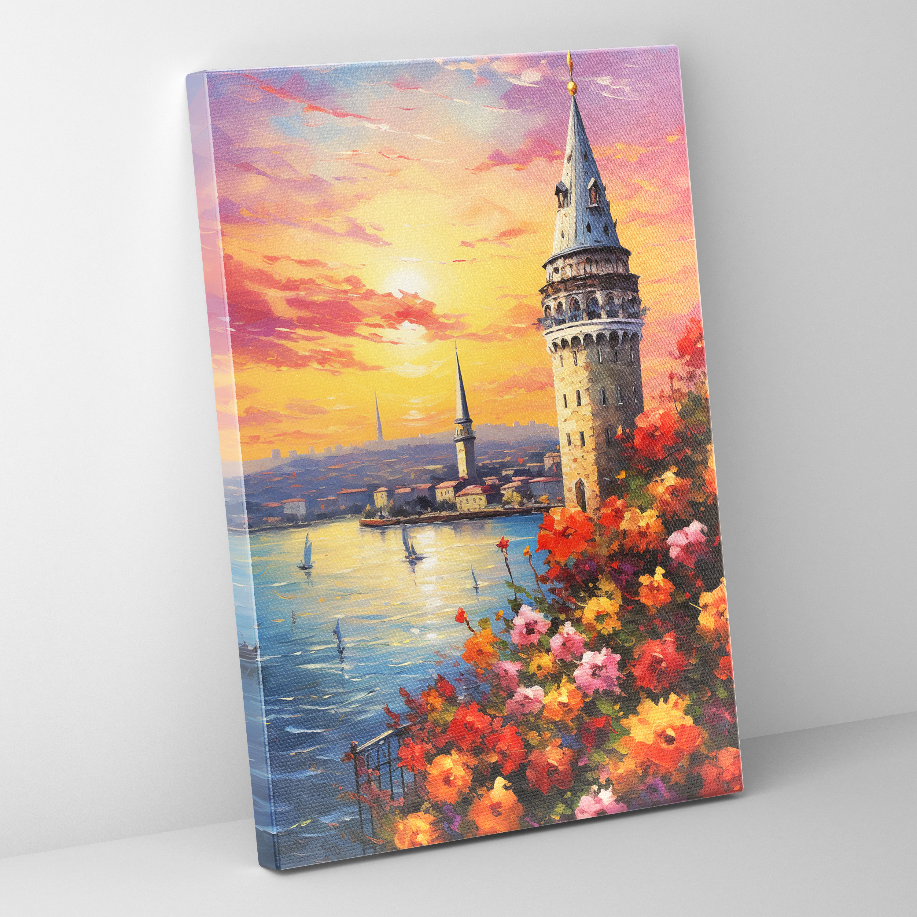 Galata Kulesi Duvar Dekorasyonu - Serin Günbatımı Canlı Çiçekler
