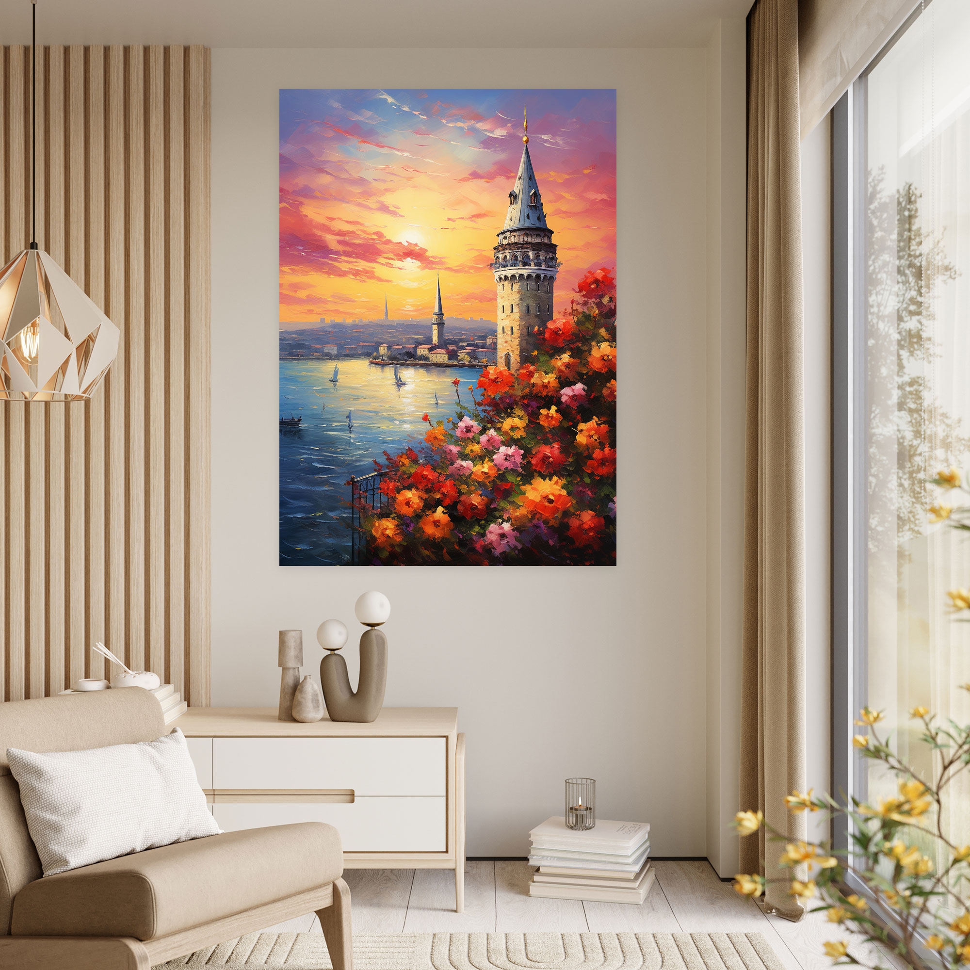Galata Kulesi Duvar Dekorasyonu - Serin Günbatımı Canlı Çiçekler