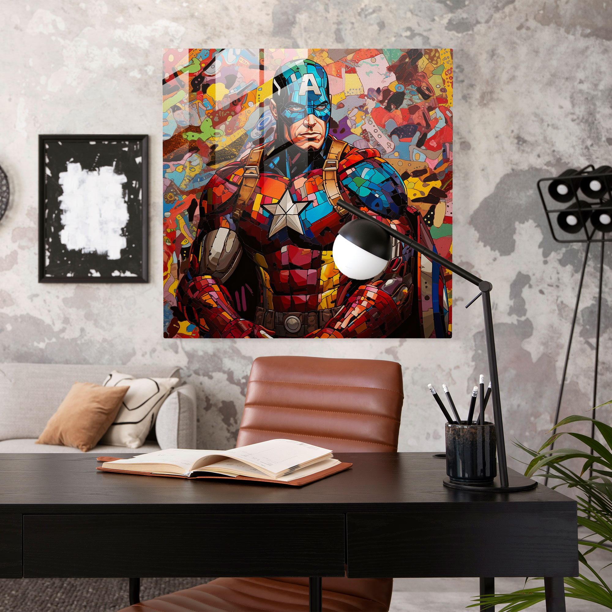 Mosaik-Comic Glasbild - Pop-Art Collage lebendige Comicfiguren moderne Wanddekoration