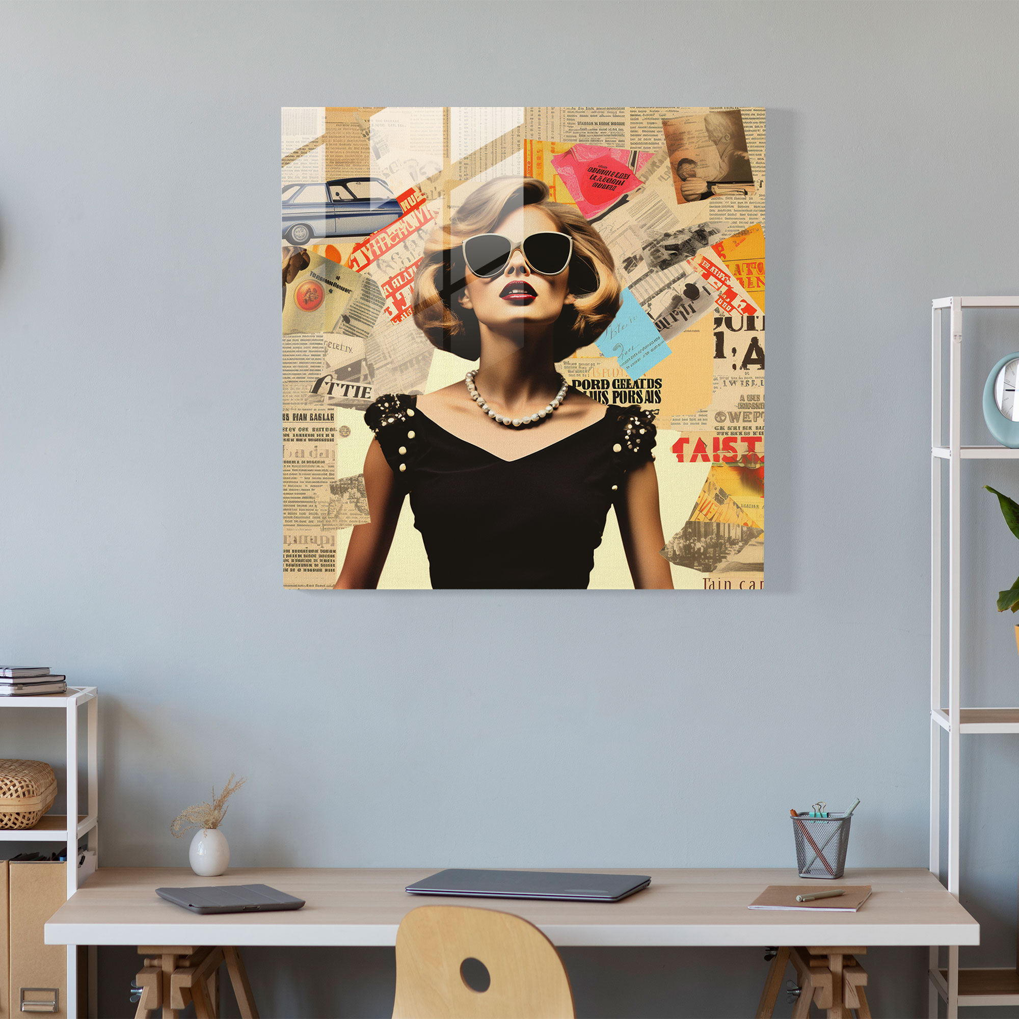 Moderne Collage Glasbild für Zuhause: Dynamisches Wandkunst Design