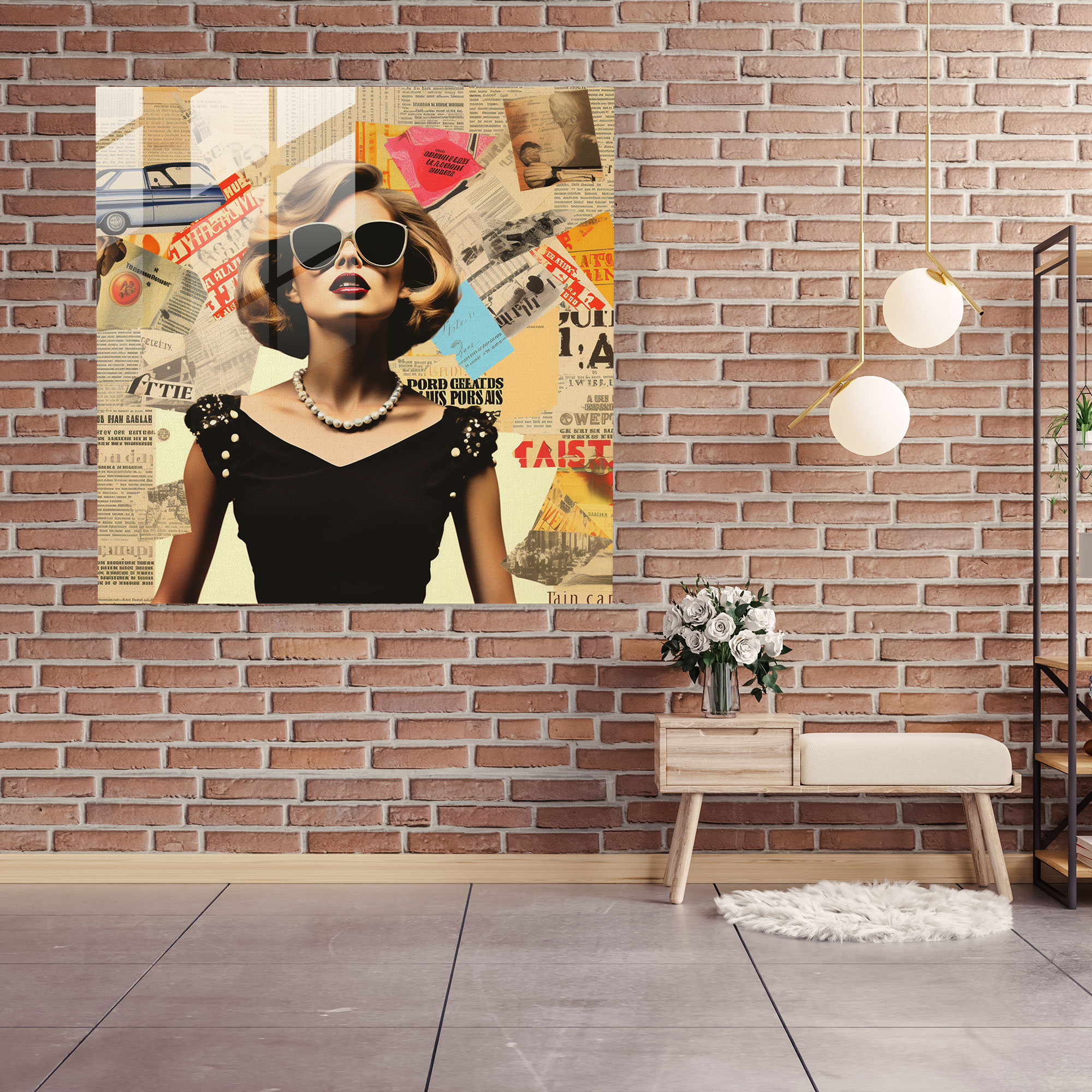 Moderne Collage Glasbild für Zuhause: Dynamisches Wandkunst Design