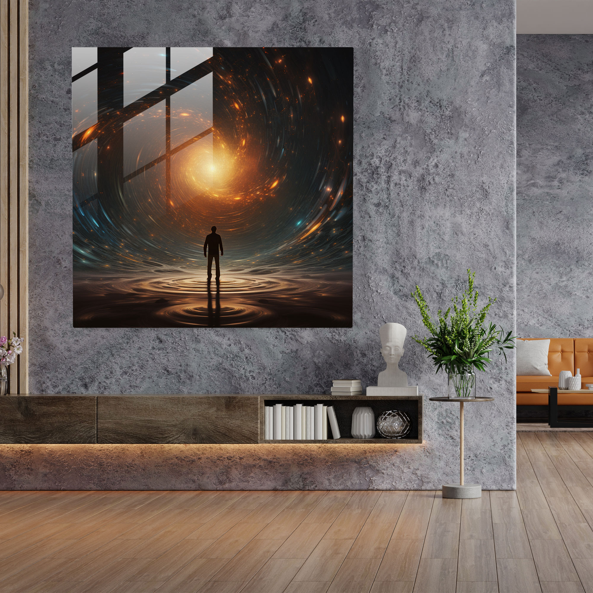 Hermes Glass Wall Art - Contemporary Digital Illustration - Hermes, Hermes Standing, Glass Wall Art, Cosmic Enchantment