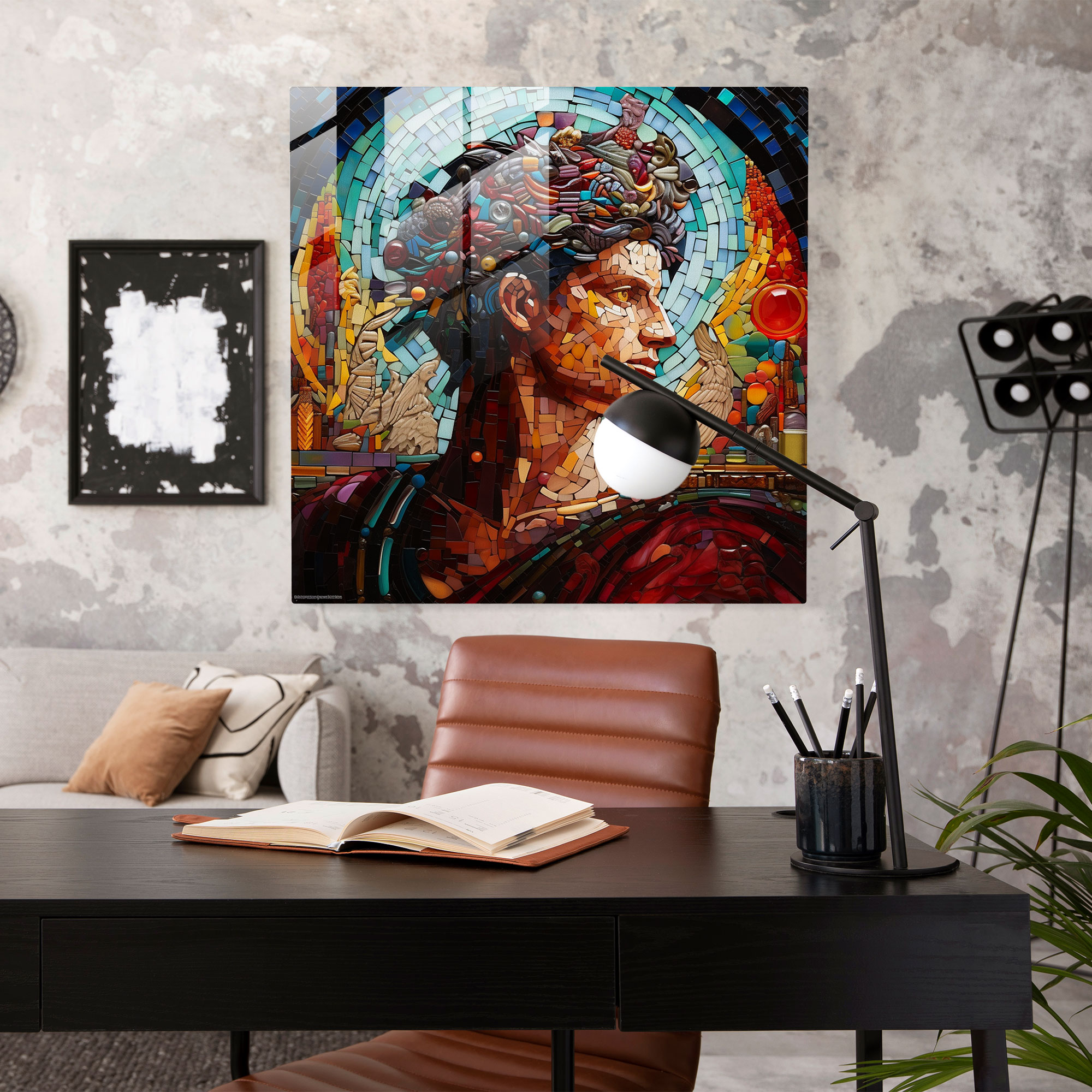 Hermes Cam Tablo - Mozaik Sanat Cam Duvar Dekorasyonu - Canlı Cam Parçalarıyla Hermes Portresi