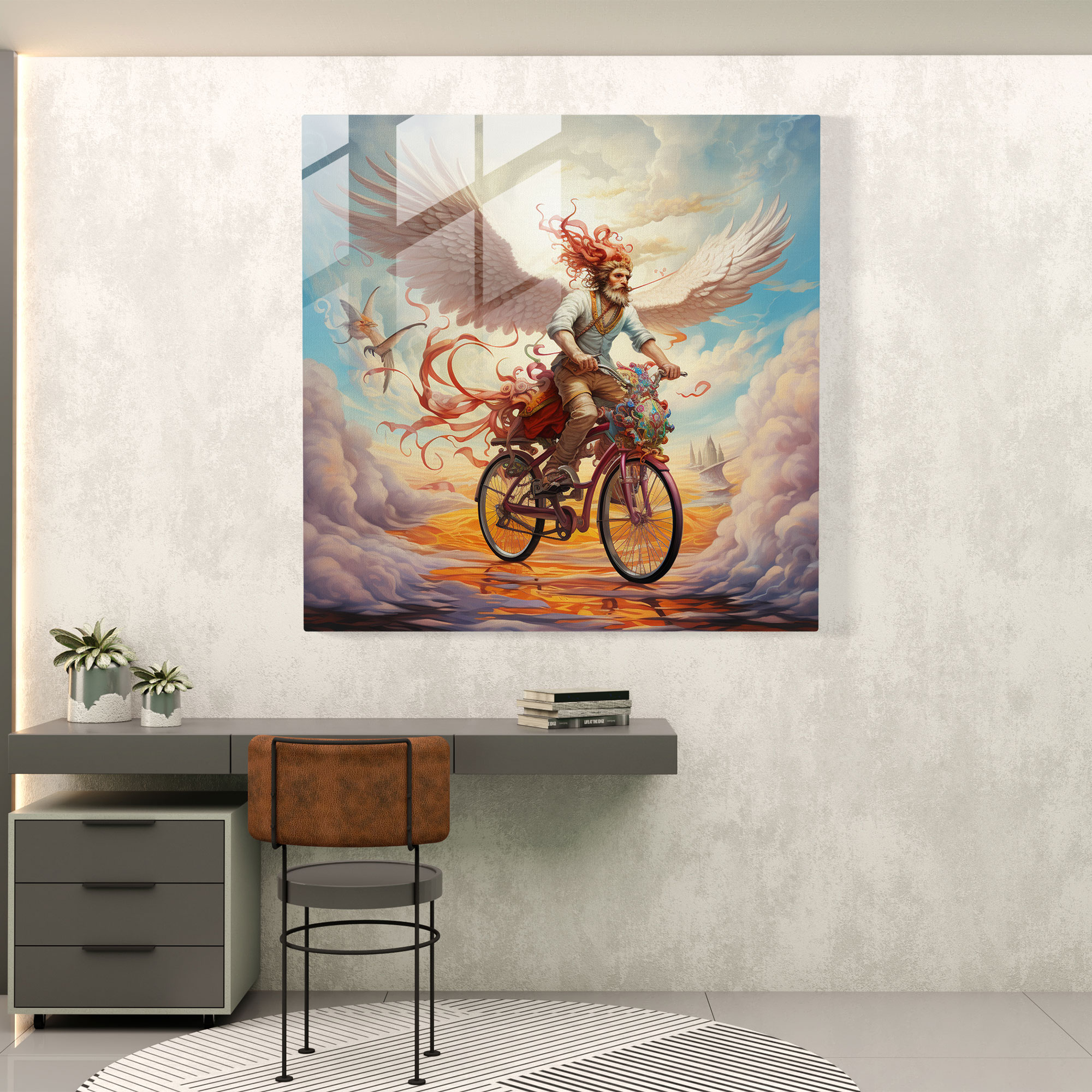 Hermes Glass Print - Whimsical Winged Bicycle Glass Wall Art - Hermes, Glass Wall Art, Sense Of Wonder, Playful