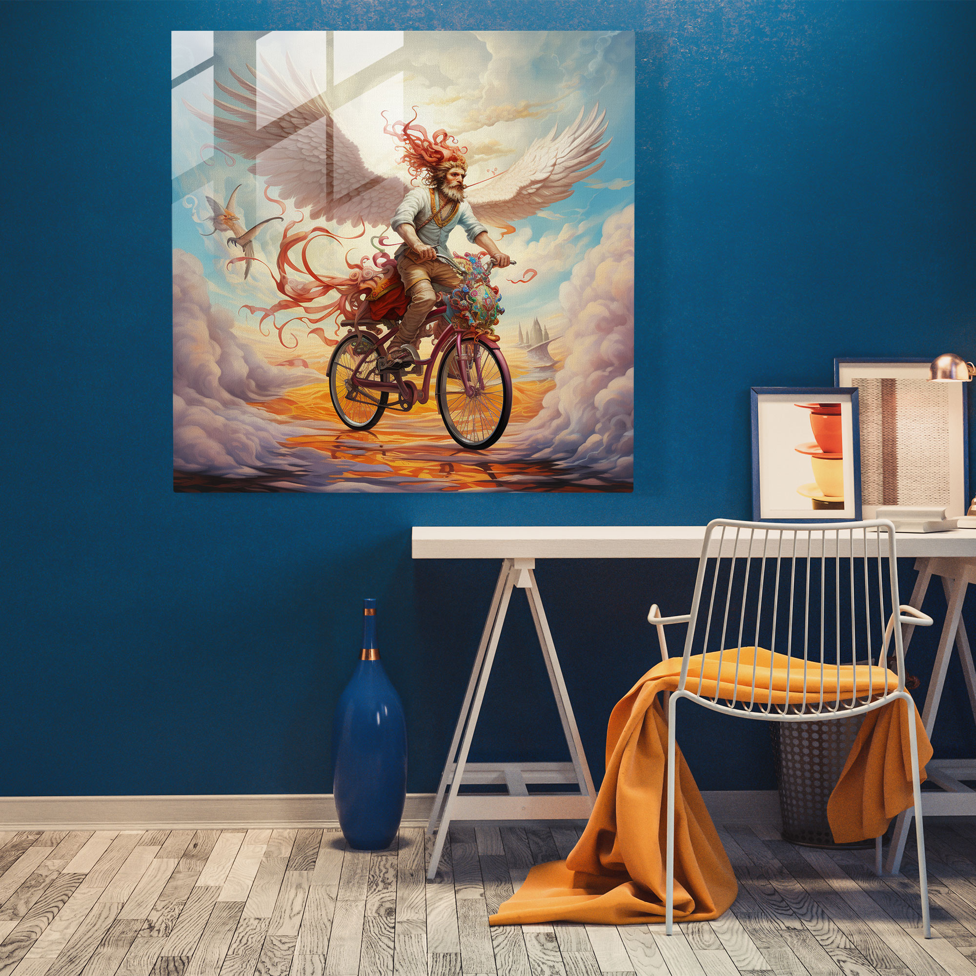 Hermes Glass Print - Whimsical Winged Bicycle Glass Wall Art - Hermes, Glass Wall Art, Sense Of Wonder, Playful