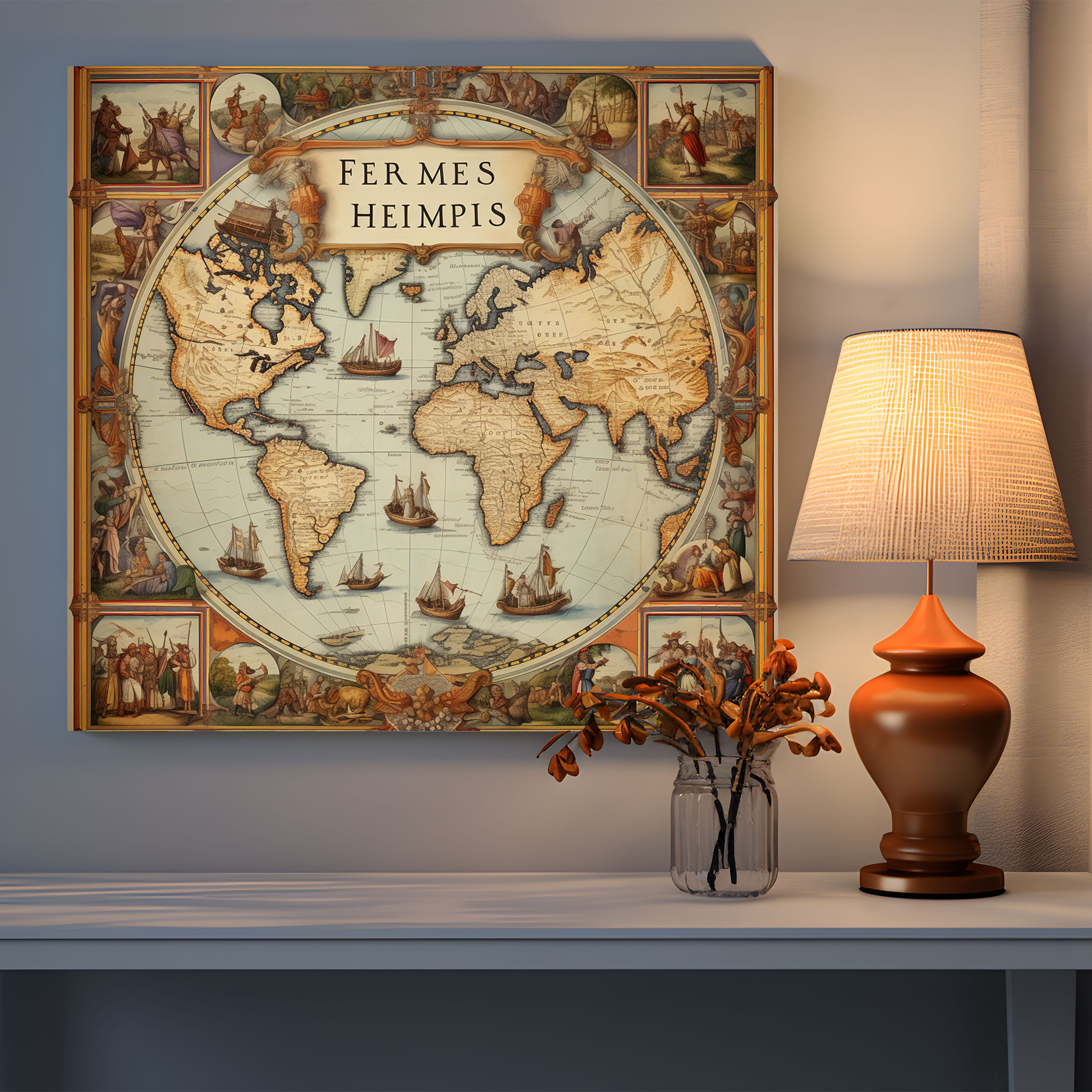 Hermes Ticaret Yolları Vintage Harita Kanvas Tablo - Ev Dekorasyonu Bağlantı ve Macera