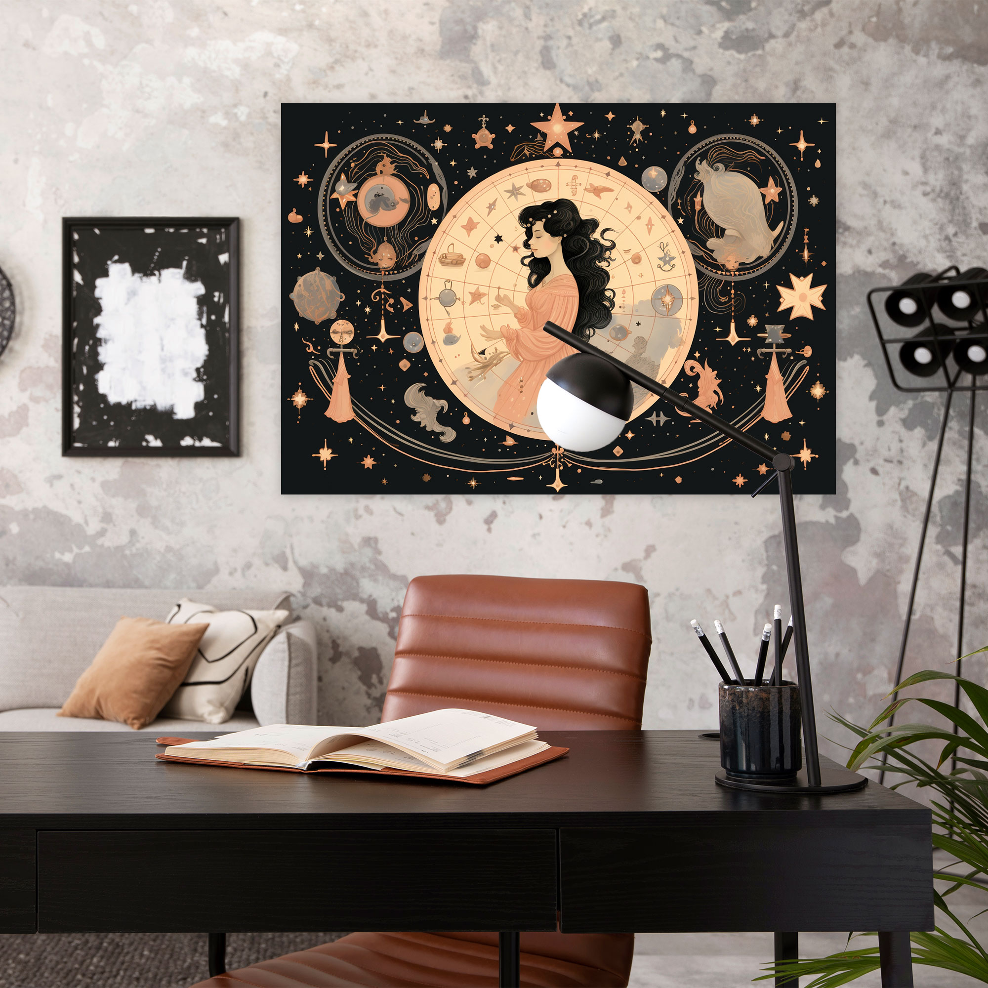 Astroloji Sembolleri Vintage Kanvas Tablo - Burçlar Nostalji Duvar Dekorasyonu Vintage Esintili İllüstrasyon