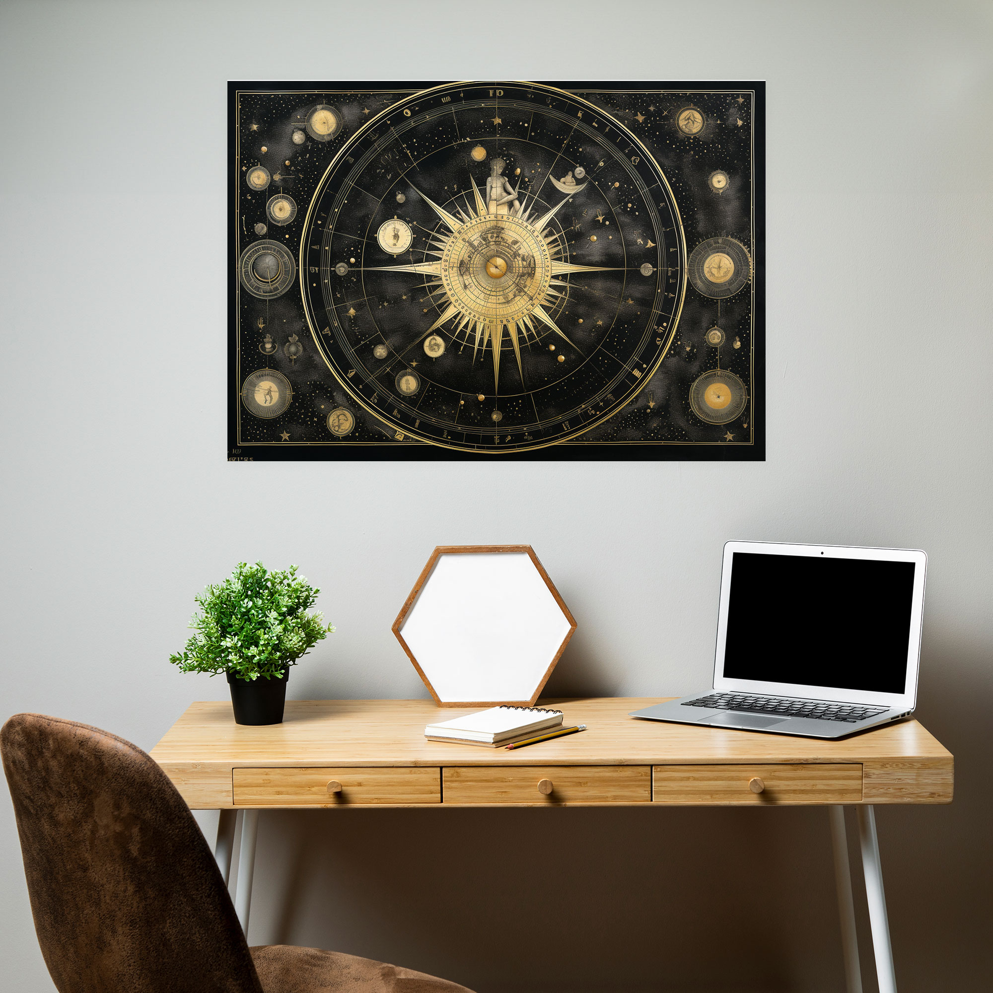 Celestial Map Wall Art - Horoscope, Canvas, Elegant Linework, Pen And Ink Drawing