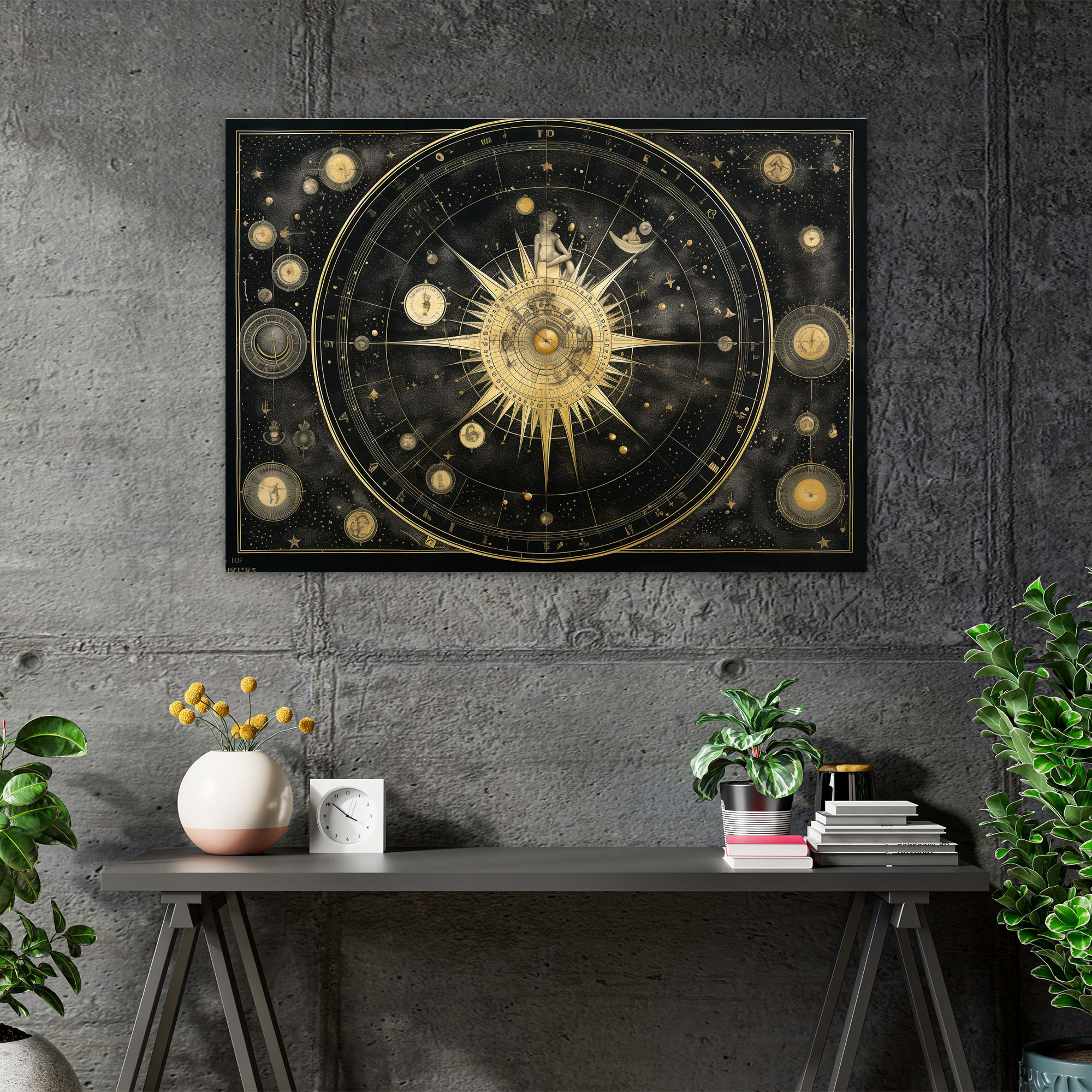 Celestial Map Wall Art - Horoscope, Canvas, Elegant Linework, Pen And Ink Drawing