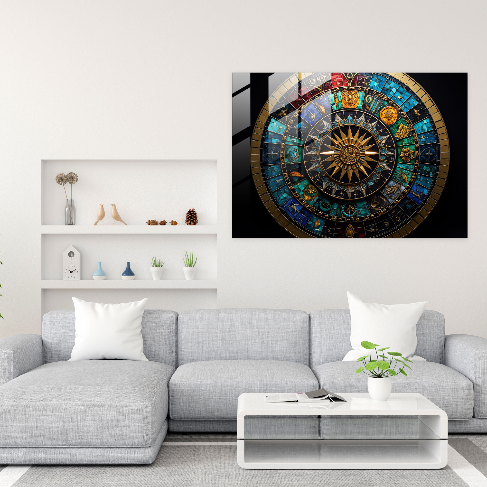 Zodiac Wheel Glass Art - Horoscope, Modern Art Lovers, Intricate Patterns, Glass Print