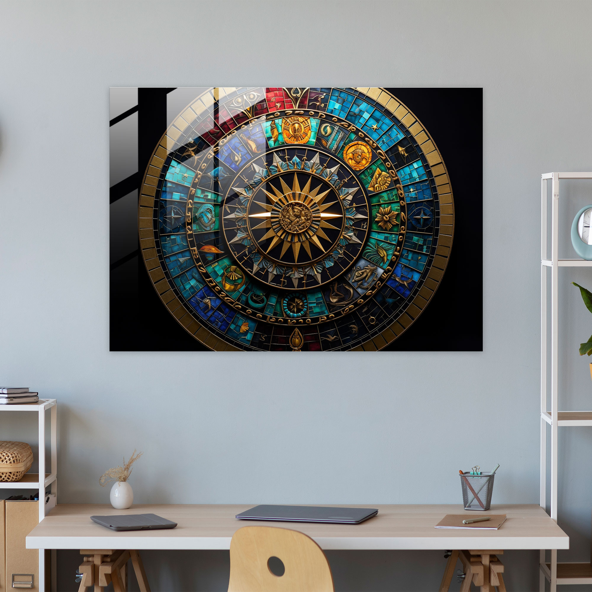 Zodiac Wheel Glass Art - Horoscope, Modern Art Lovers, Intricate Patterns, Glass Print