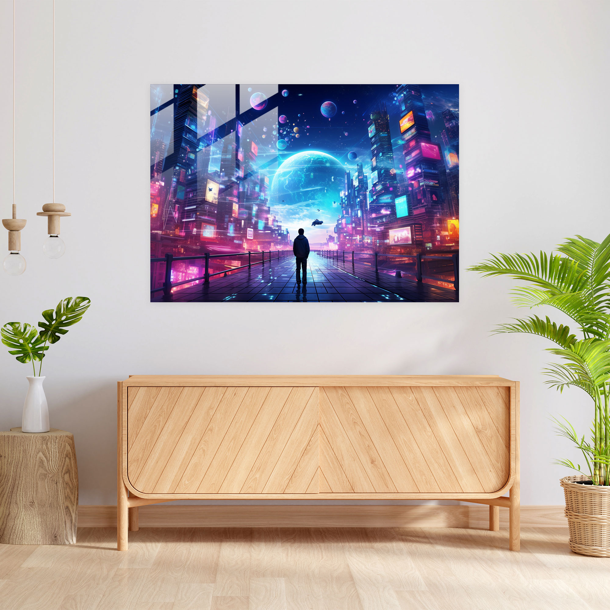 Burç Tablosu Cam Duvar Sanatı: Neon Kozmik - Burç Cam Duvar Sanatı Ev Dekorasyonu Gelecekçi Dijital Sanat
