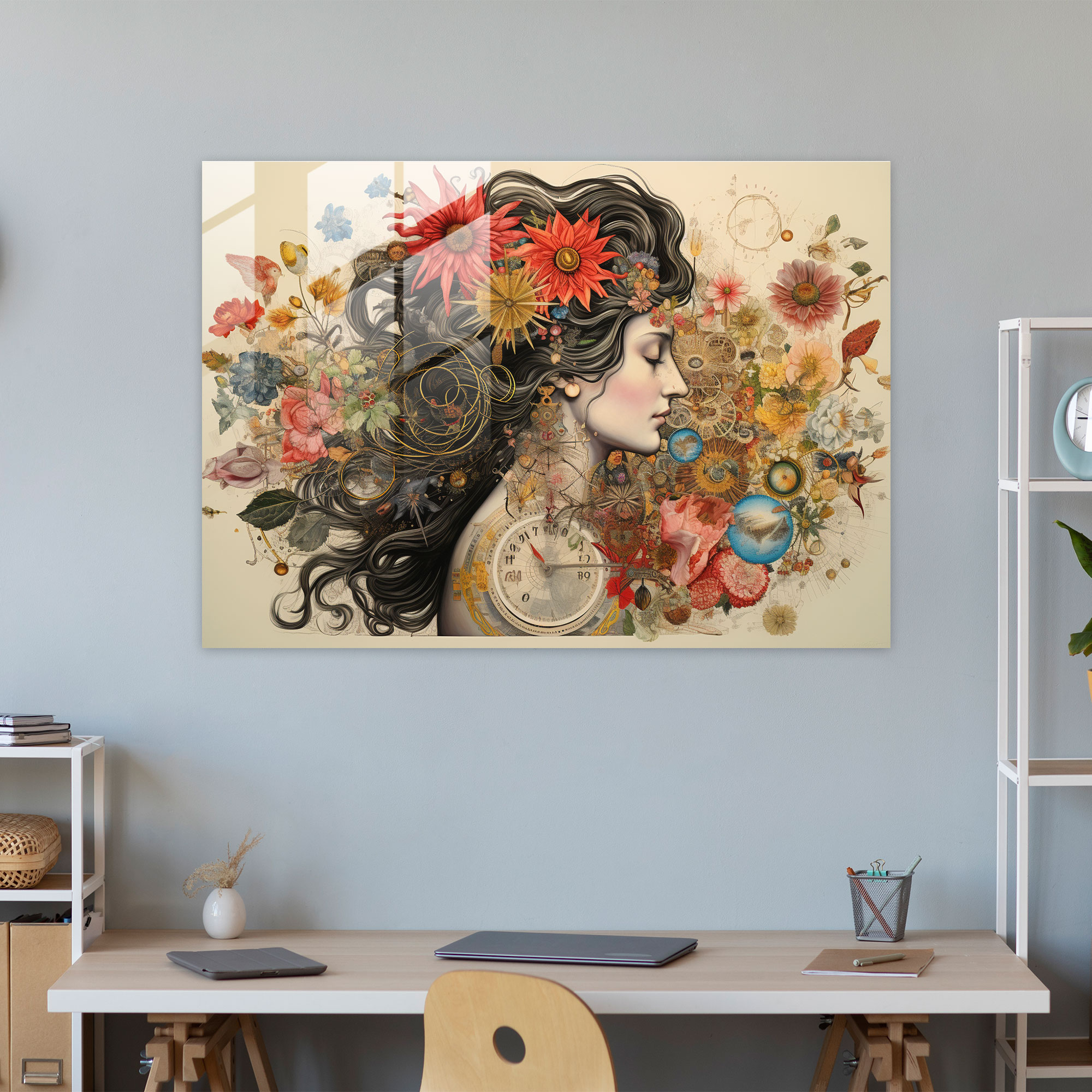 Astro Floral Collage Glass Print - Horoscope, Whimsical Collage Artwork, Harmonious Composition, Glass Print