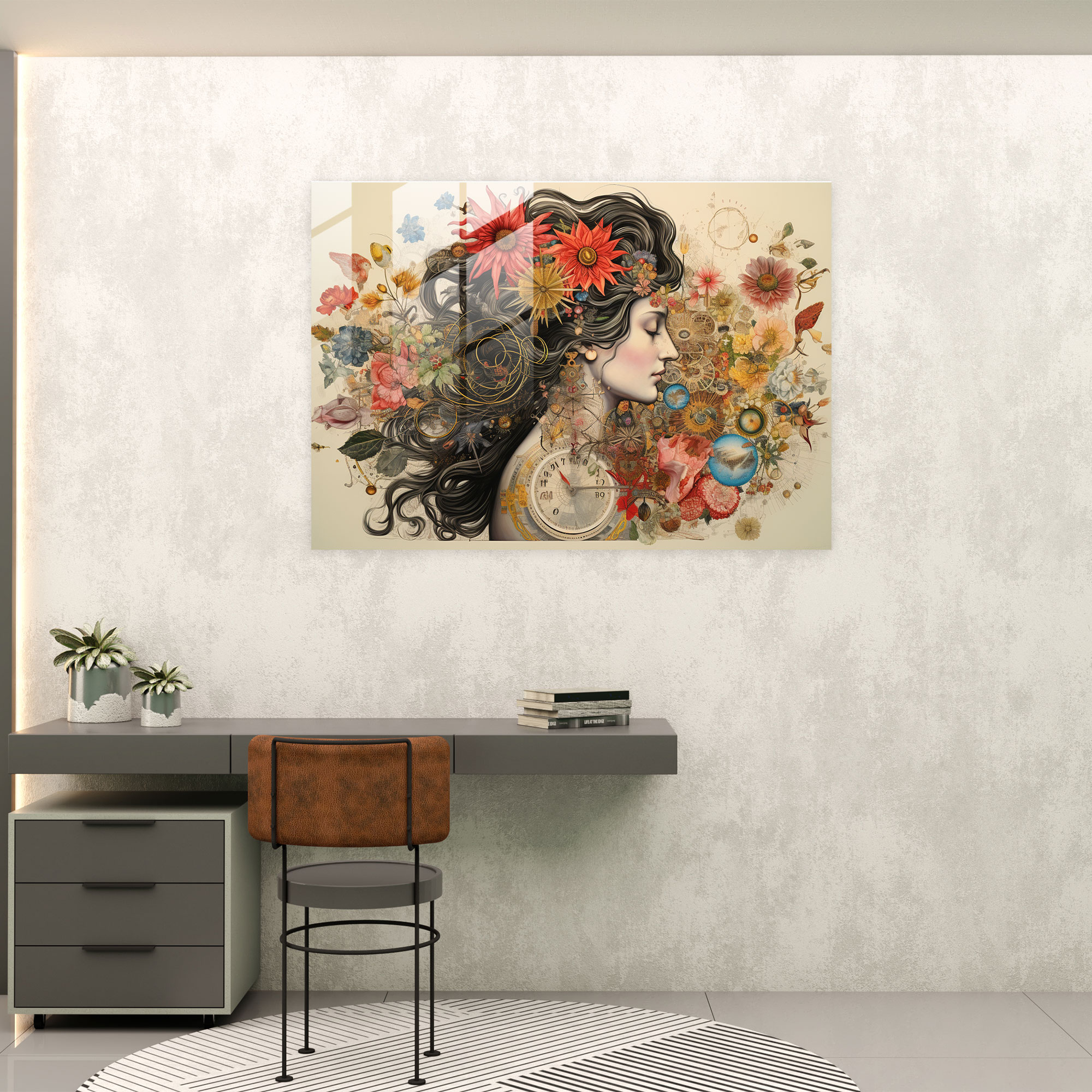 Astro Floral Collage Glass Print - Horoscope, Whimsical Collage Artwork, Harmonious Composition, Glass Print