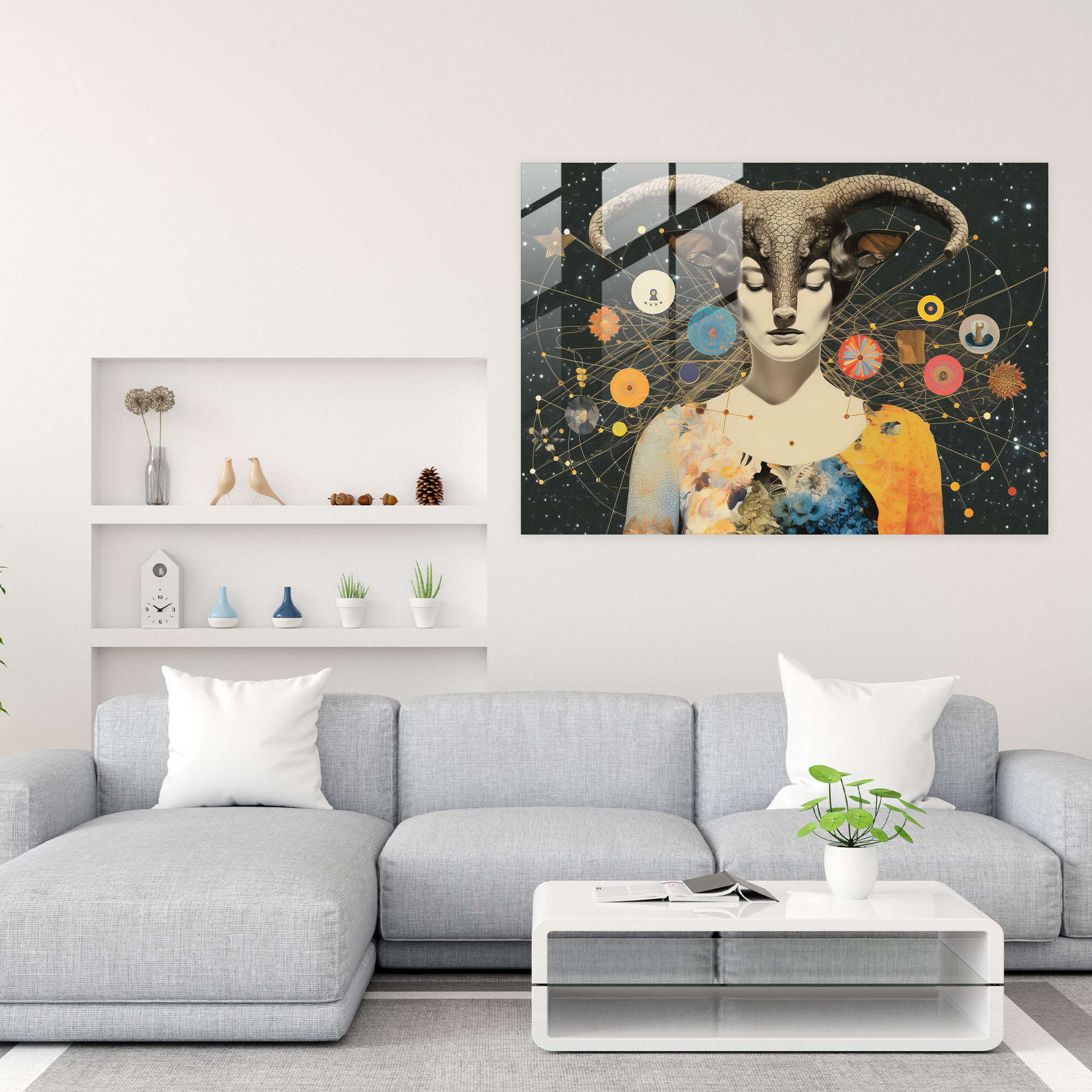 Whimsy Zodiac Glass Print - Horoscope, Horoscope, Whimsical Collage Artwork, Astrological Symbols