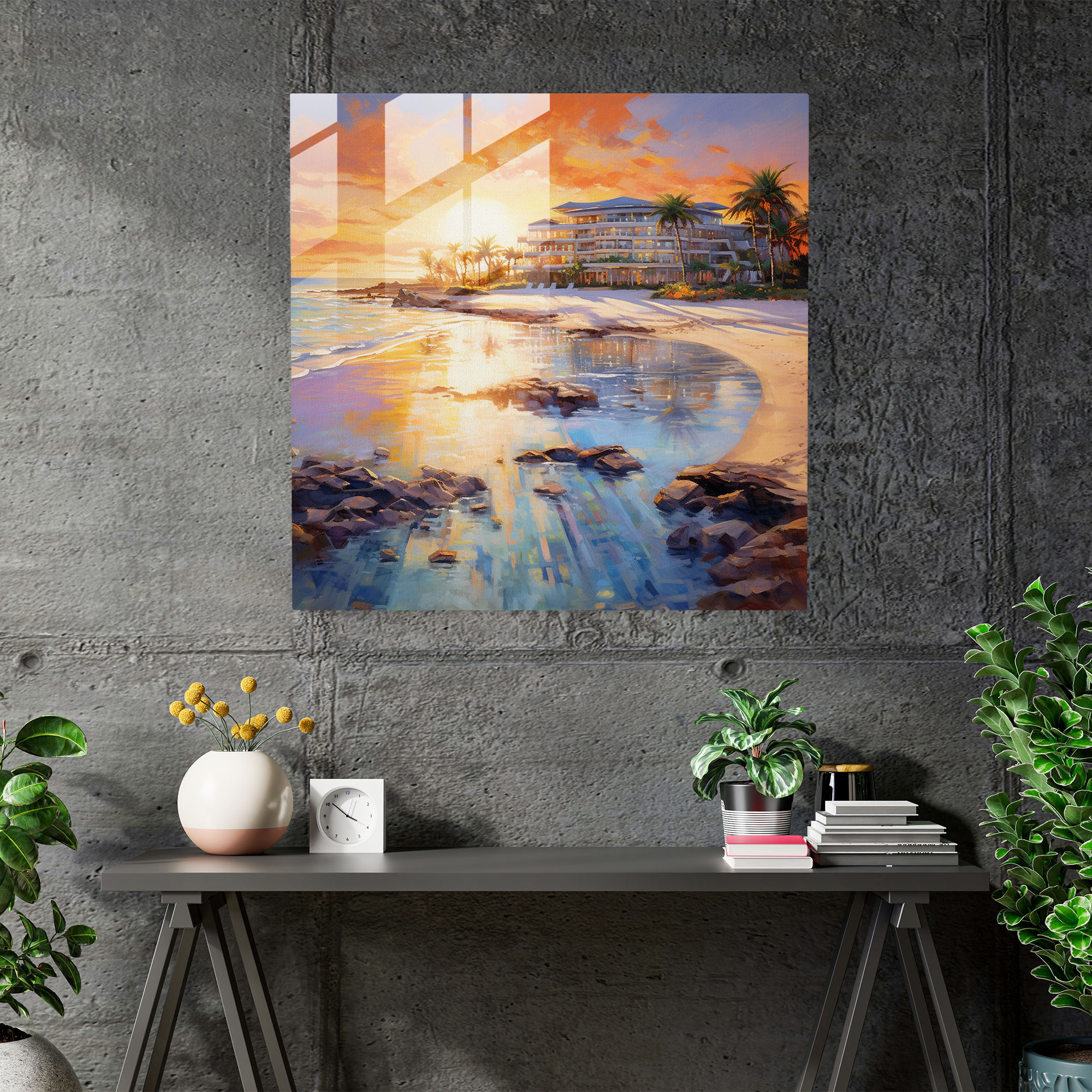 Sunset Serenity Glass Print - Hotel, Modern Art, Beachfront, Home Decoration