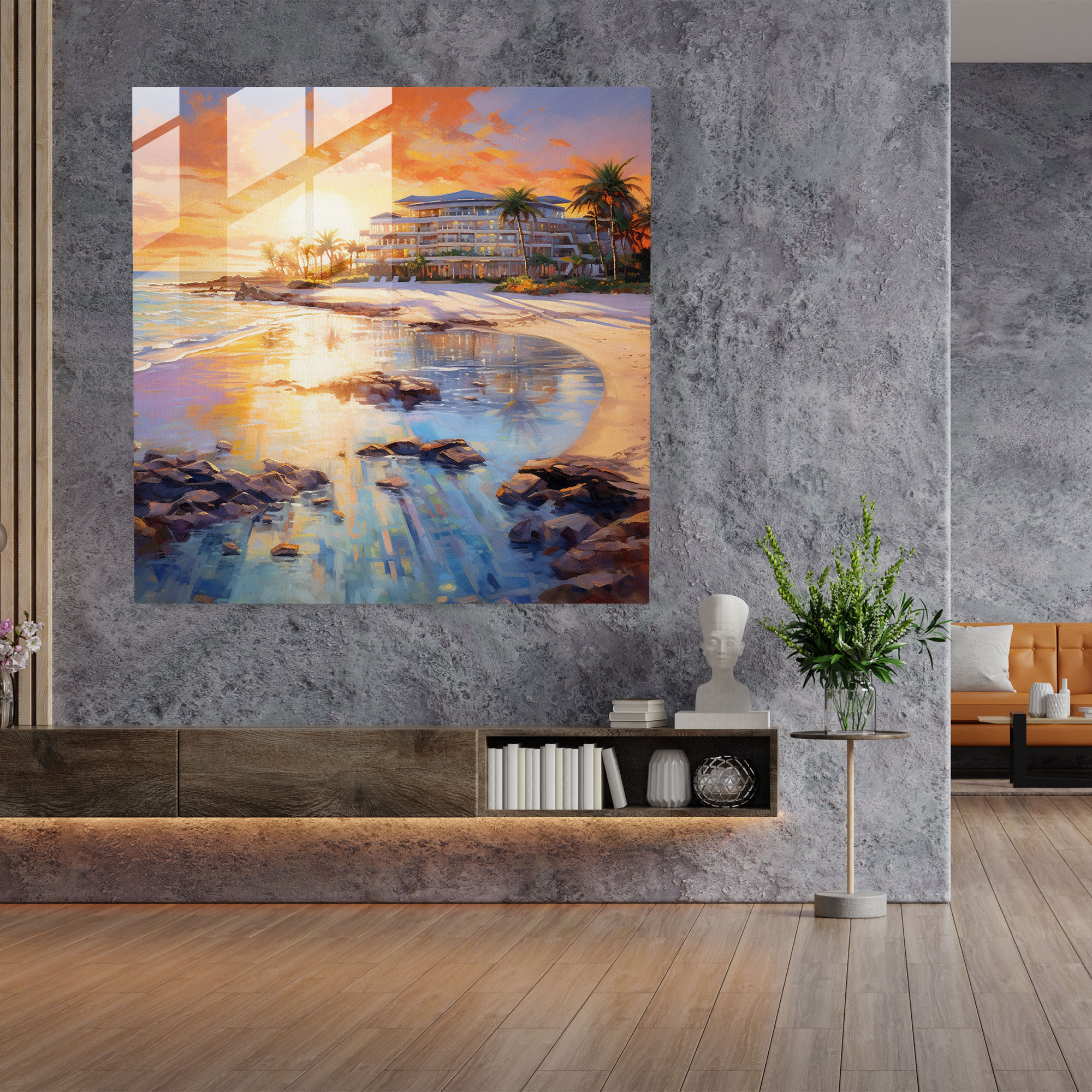 Sunset Serenity Glass Print - Hotel, Modern Art, Beachfront, Home Decoration