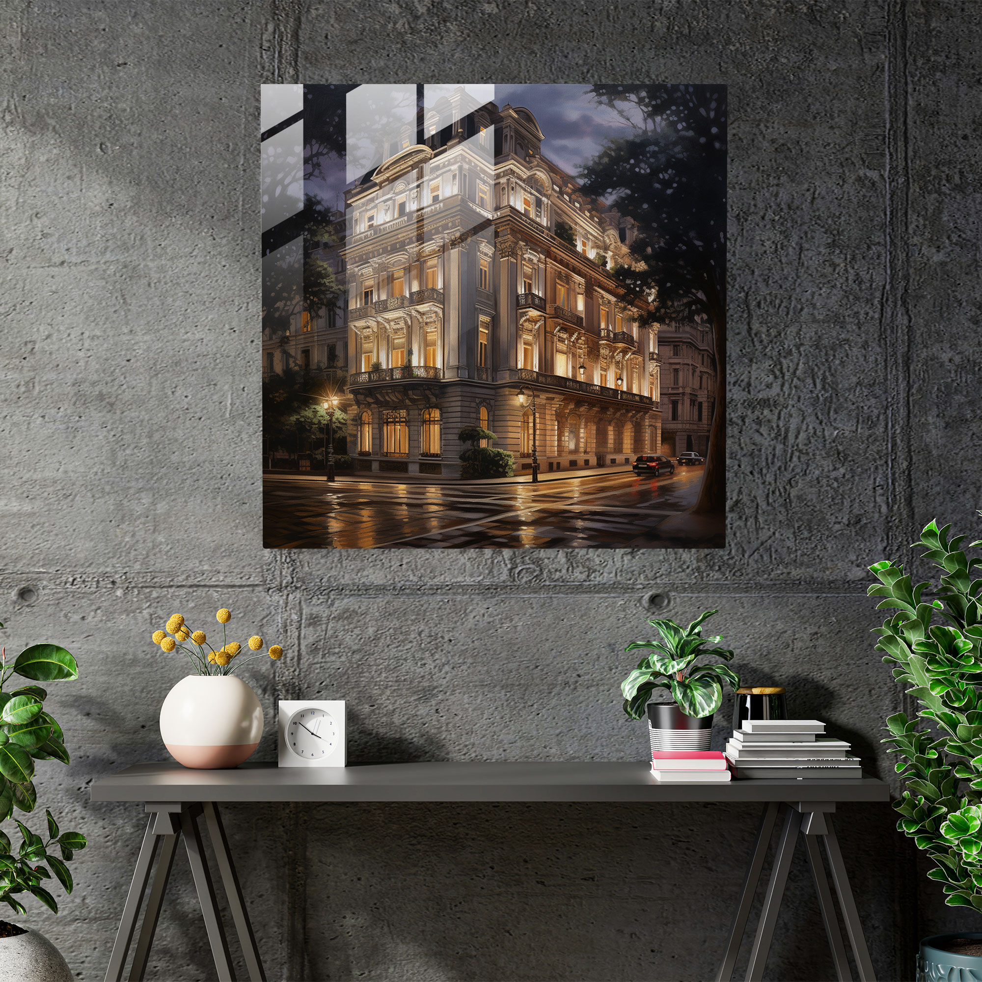 Nocturnal Brilliance Glass Print - Hotel, Wall Decoration, Glass Art, Realistic Oil Painting