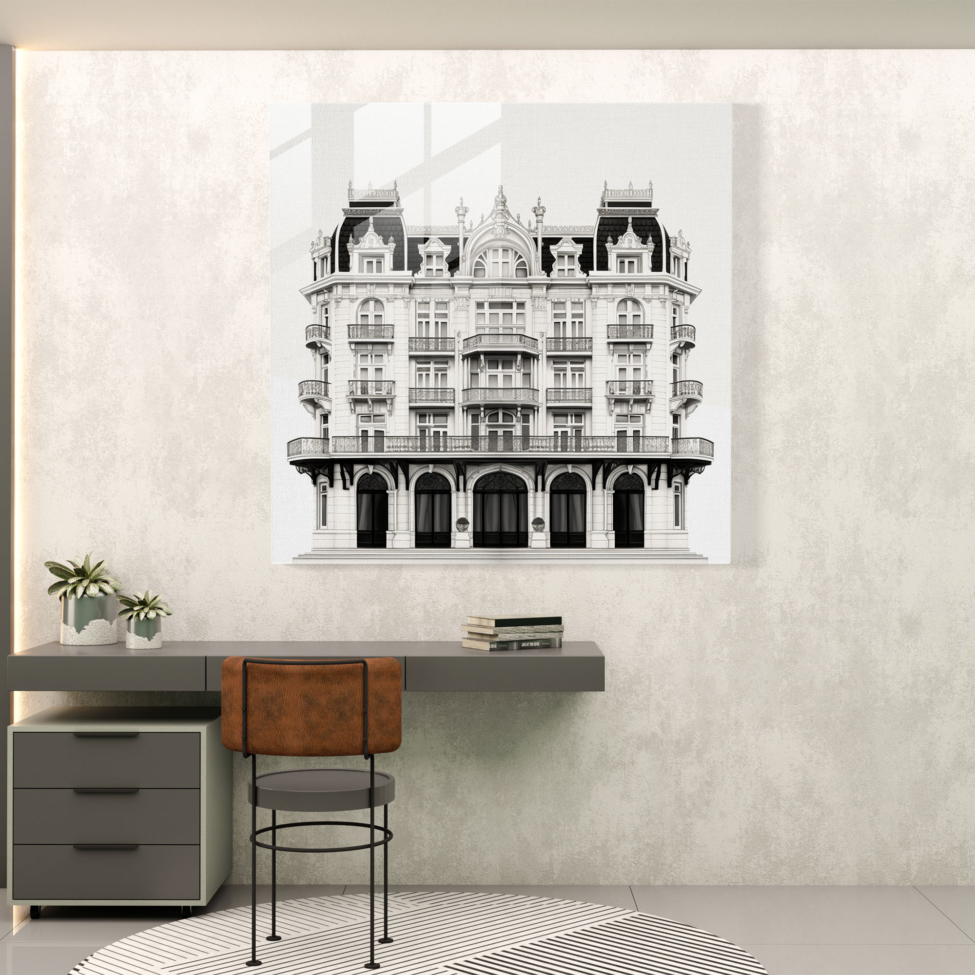 Monochrome Elegance - Minimalist Glass Print - Hotel, Minimalist, Glass Print, Modern Art