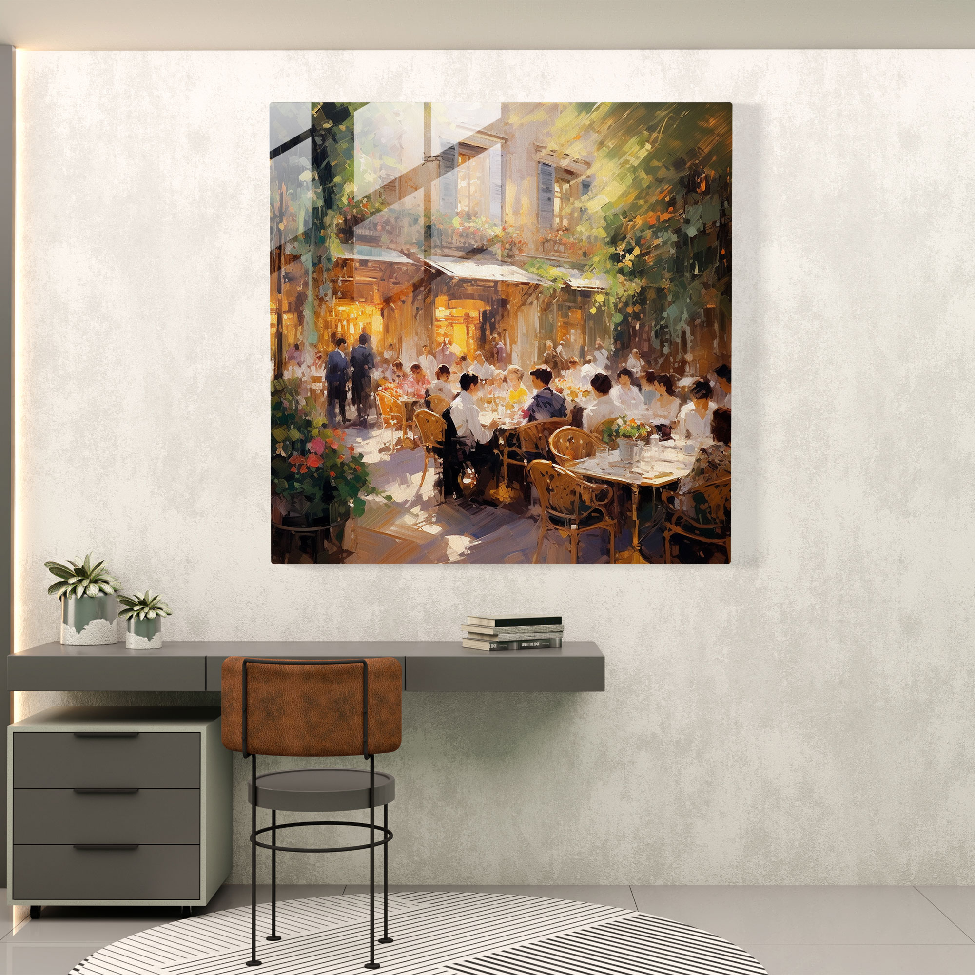Cafe Oasis - İzlenimci Cam Tablo - Otel Cam Duvar Sanatı İnsanlar İçecekler