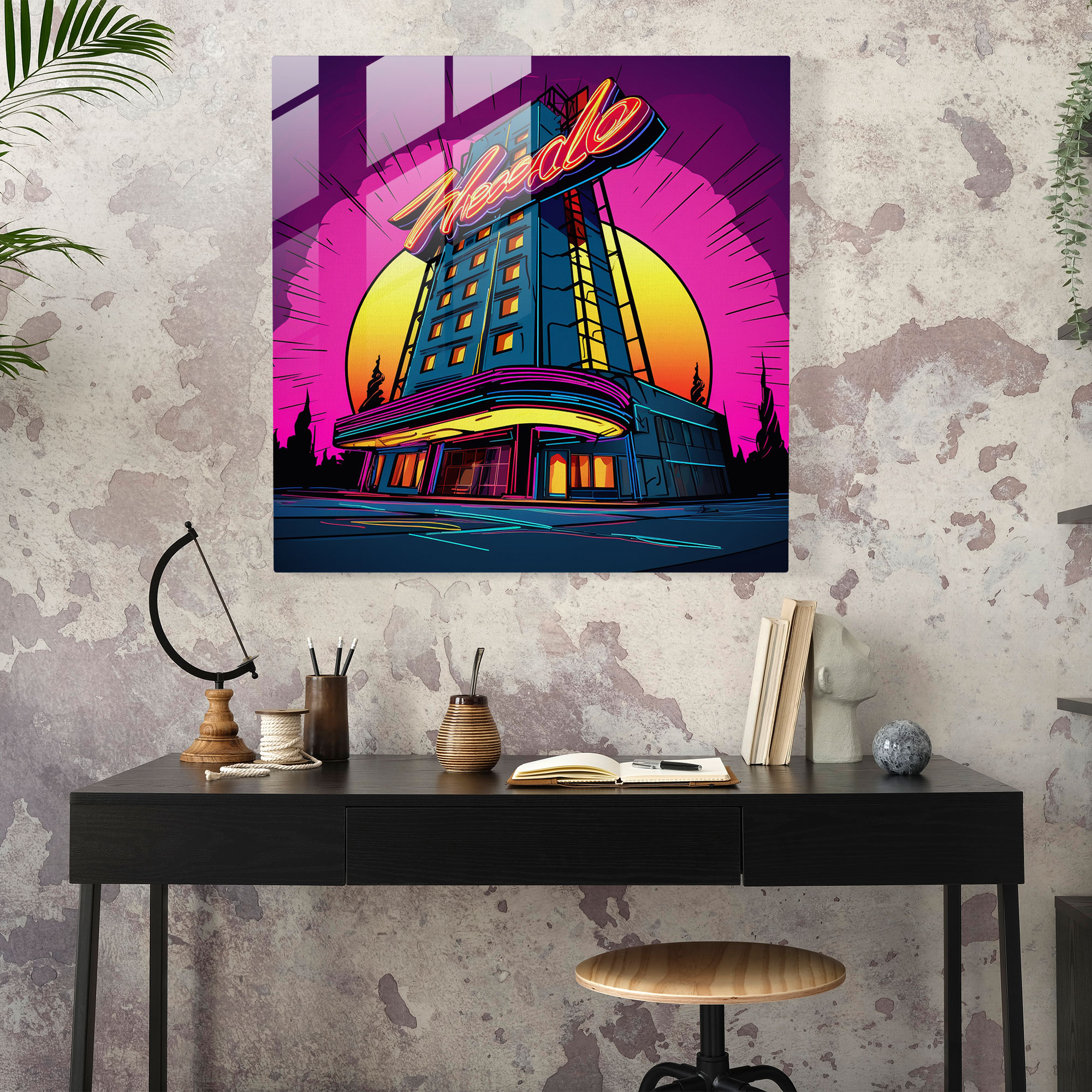 Retro Kaçış - Pop Art Cam Tablo - Otel Cam Sanat Retro Kaçış Ev Dekorasyonu