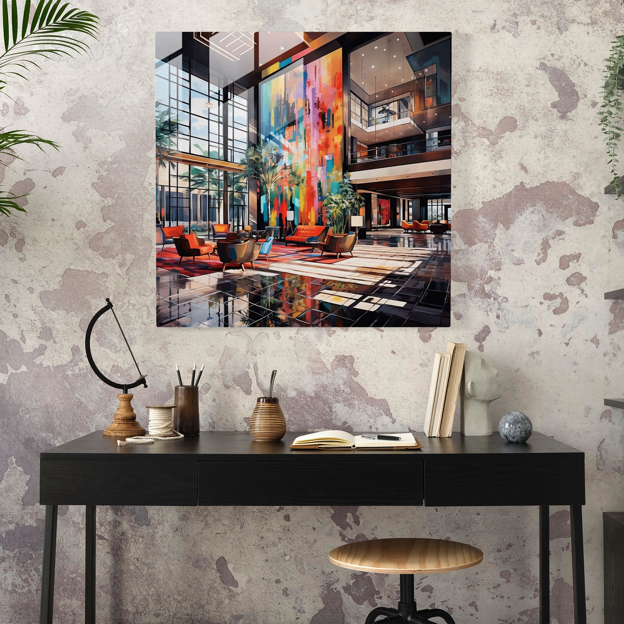 Hotel Glass Print - Abstract Vibrant Lobby - Hotel, Wall Decoration, Glass Print, Abstract Painting