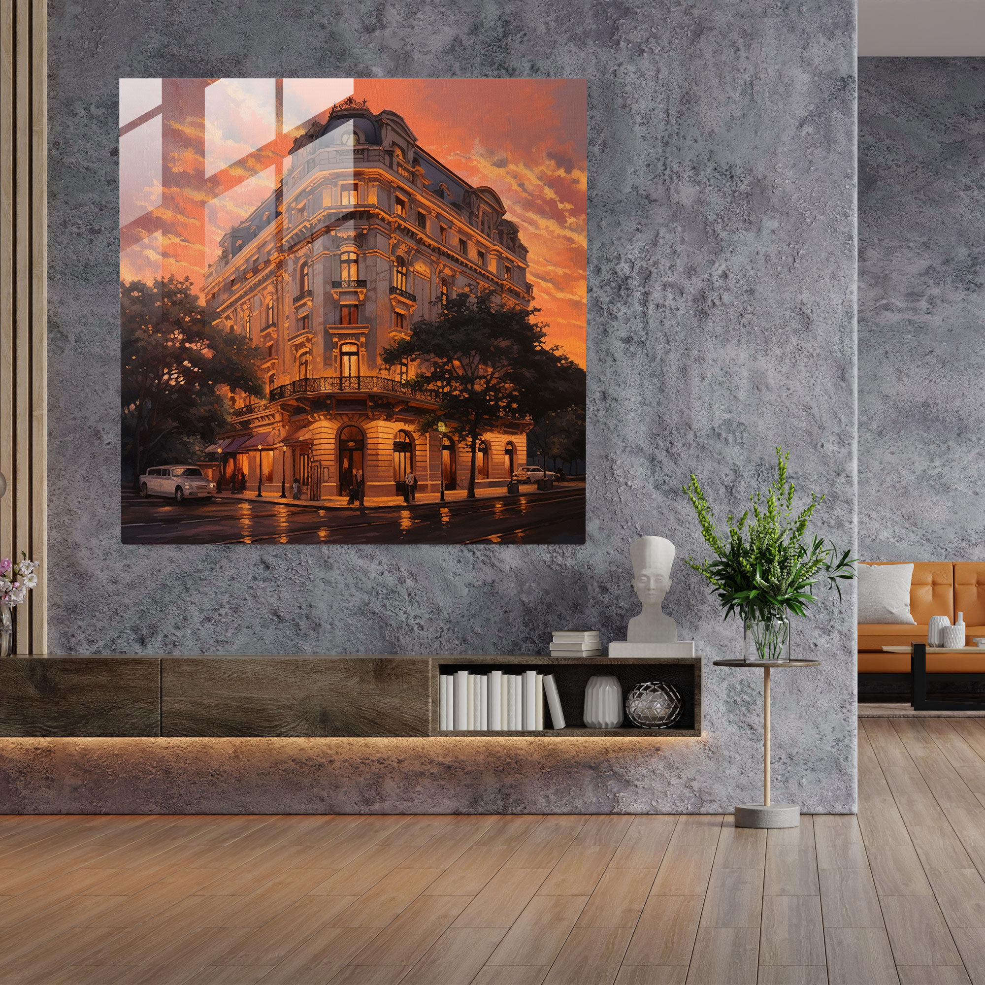 Hotel Glass Print - Sunset Facade - Hotel, Modern Art, Glass Wall Art, Home Decoration
