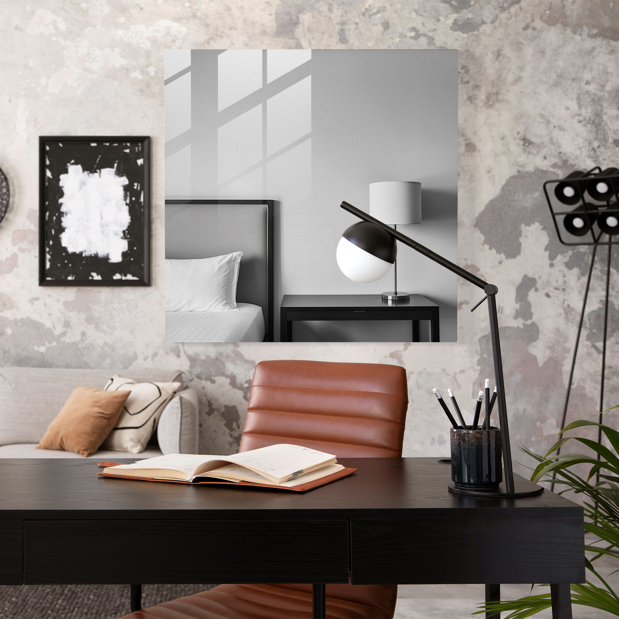 Hotel Glass Print - Cozy Room - Hotel, Wall Decoration, Black And White, Glass Print