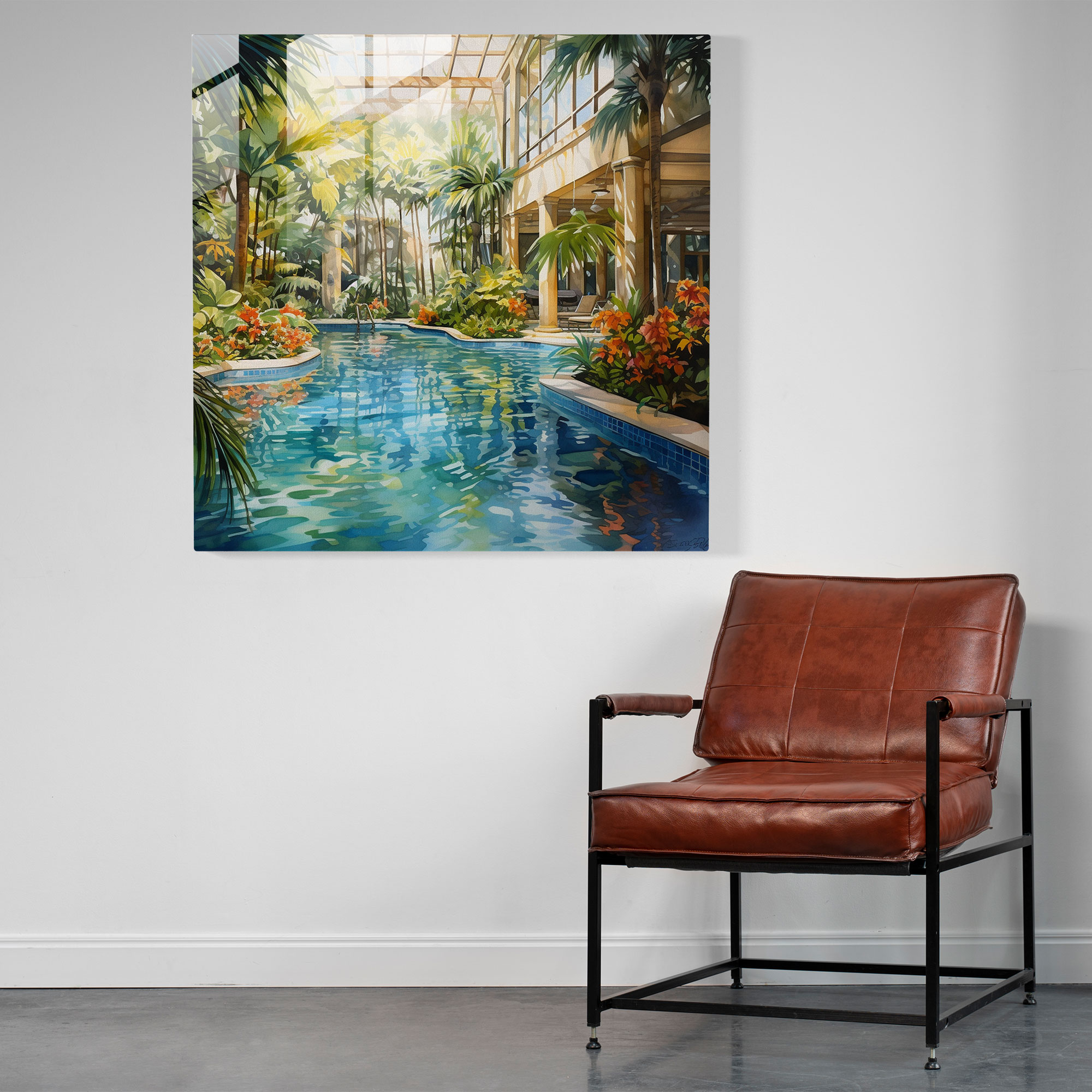 Hotel Glass Print - Tropical Pool - Hotel, Realistic Watercolor Artwork, Glass Wall Art, Hotel