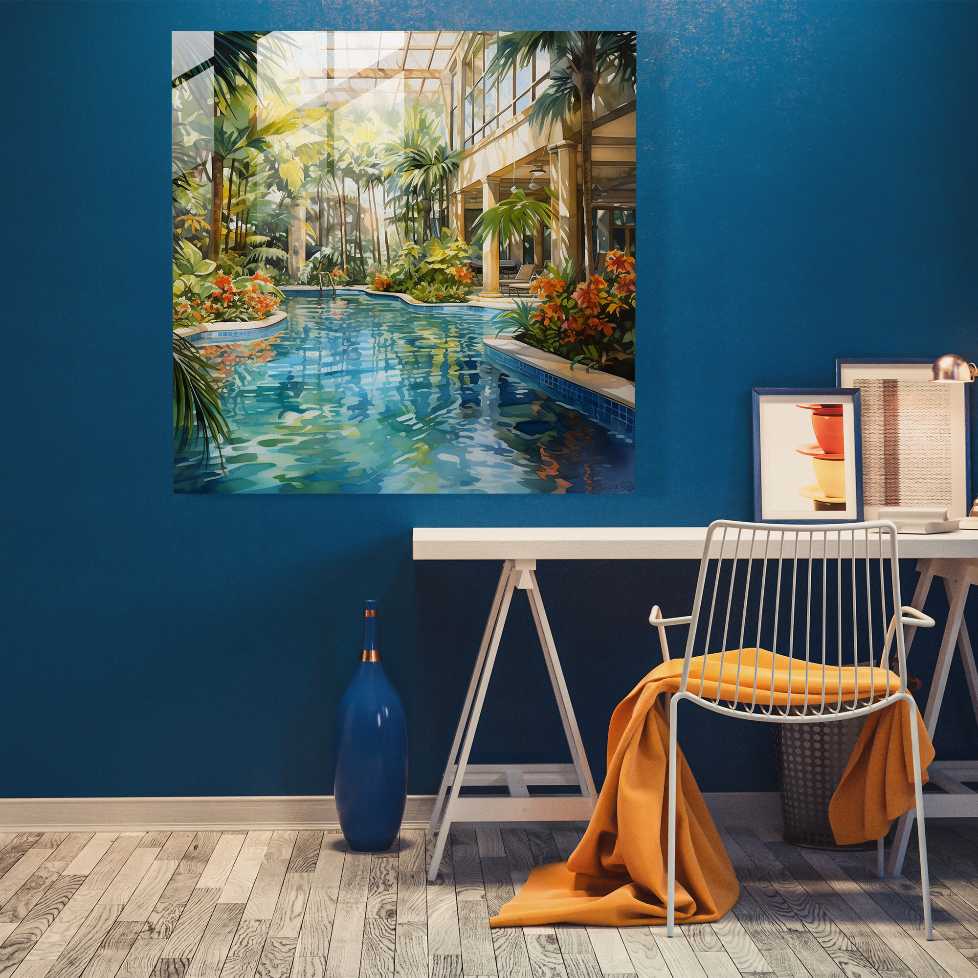 Hotel Glass Print - Tropical Pool - Hotel, Realistic Watercolor Artwork, Glass Wall Art, Hotel