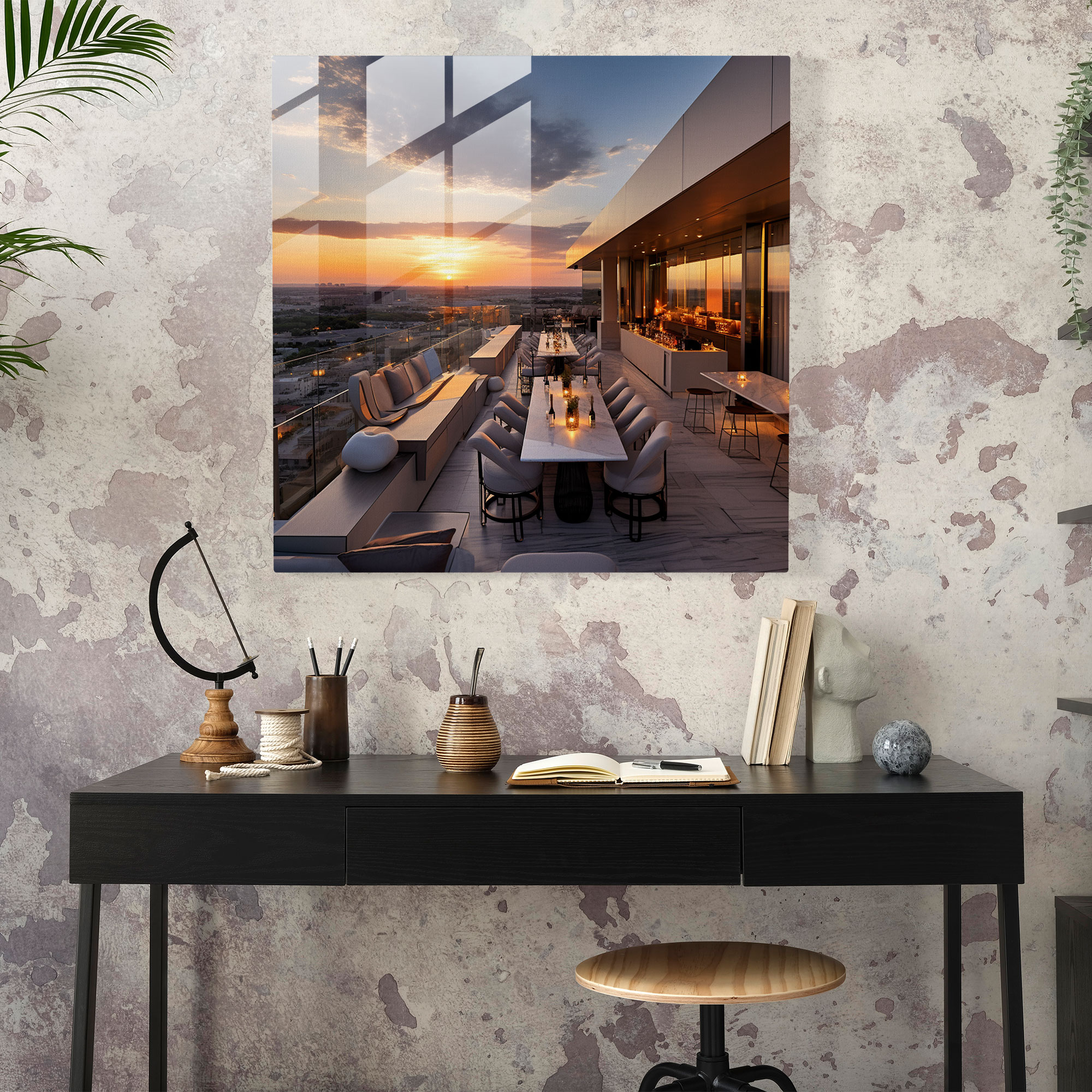 Sunset Rooftop Bar Glass Print - Hotel, Glass Print, Glass Wall Art, Home Decoration