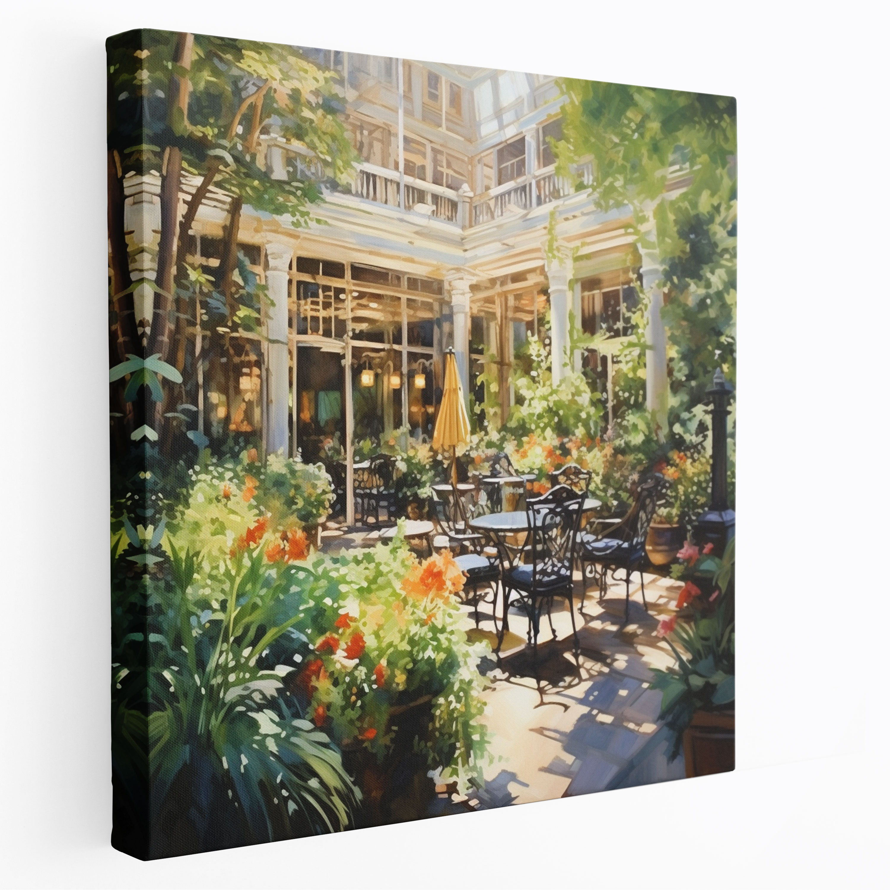 Sunlit Hotel Garden Canvas Print - Hotel, Wall Art, Wall Decoration, Canvas Print