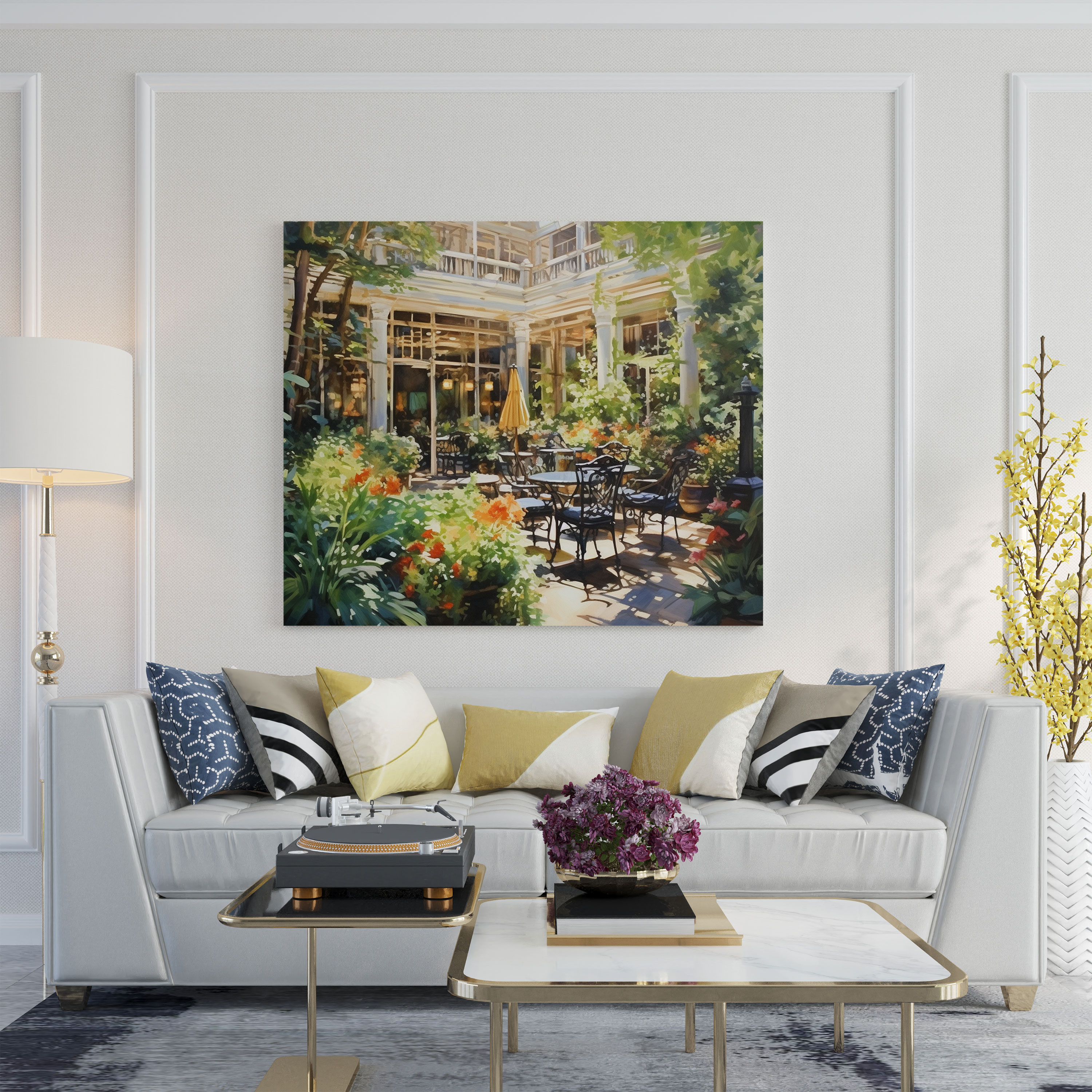 Sunlit Hotel Garden Canvas Print - Hotel, Wall Art, Wall Decoration, Canvas Print