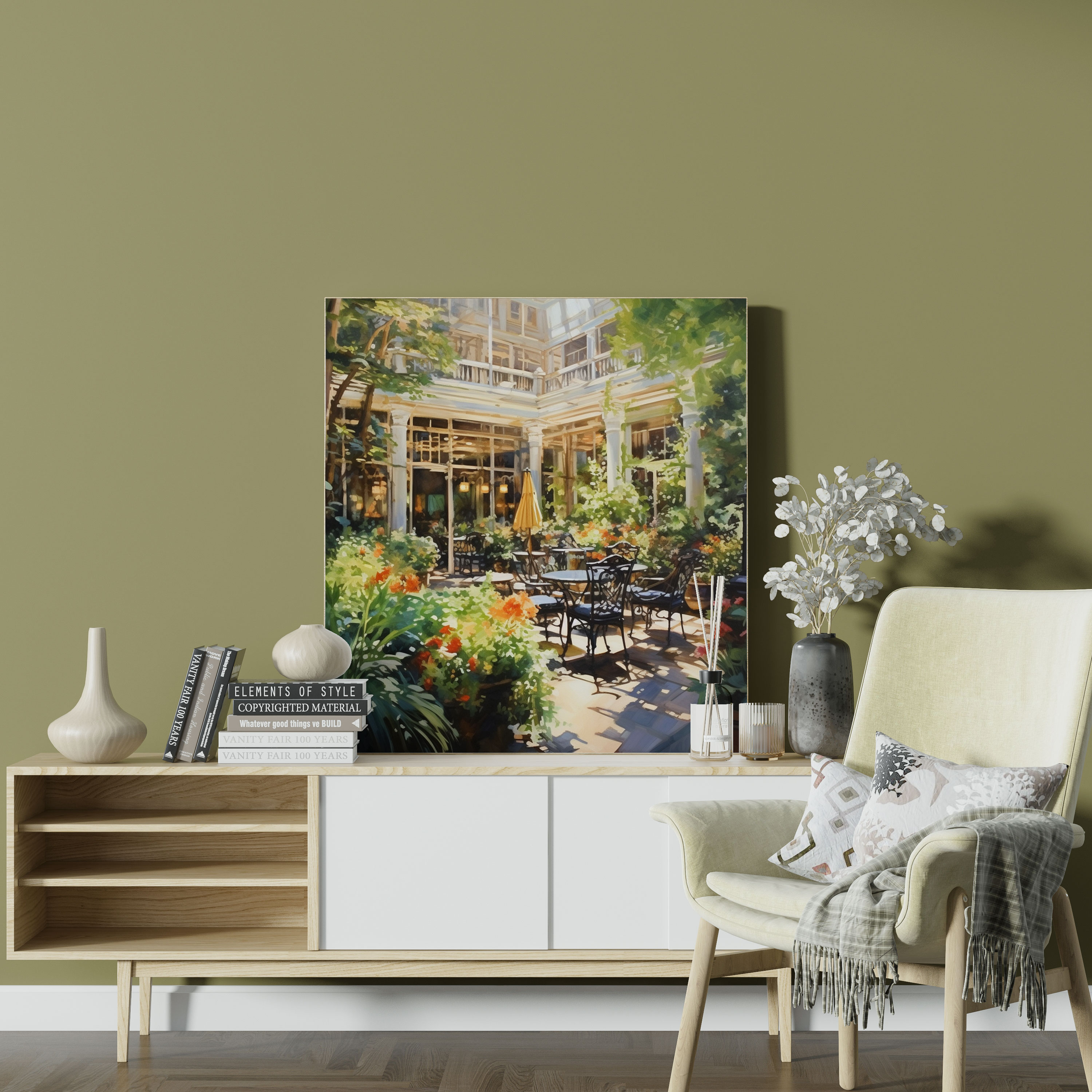 Sunlit Hotel Garden Canvas Print - Hotel, Wall Art, Wall Decoration, Canvas Print