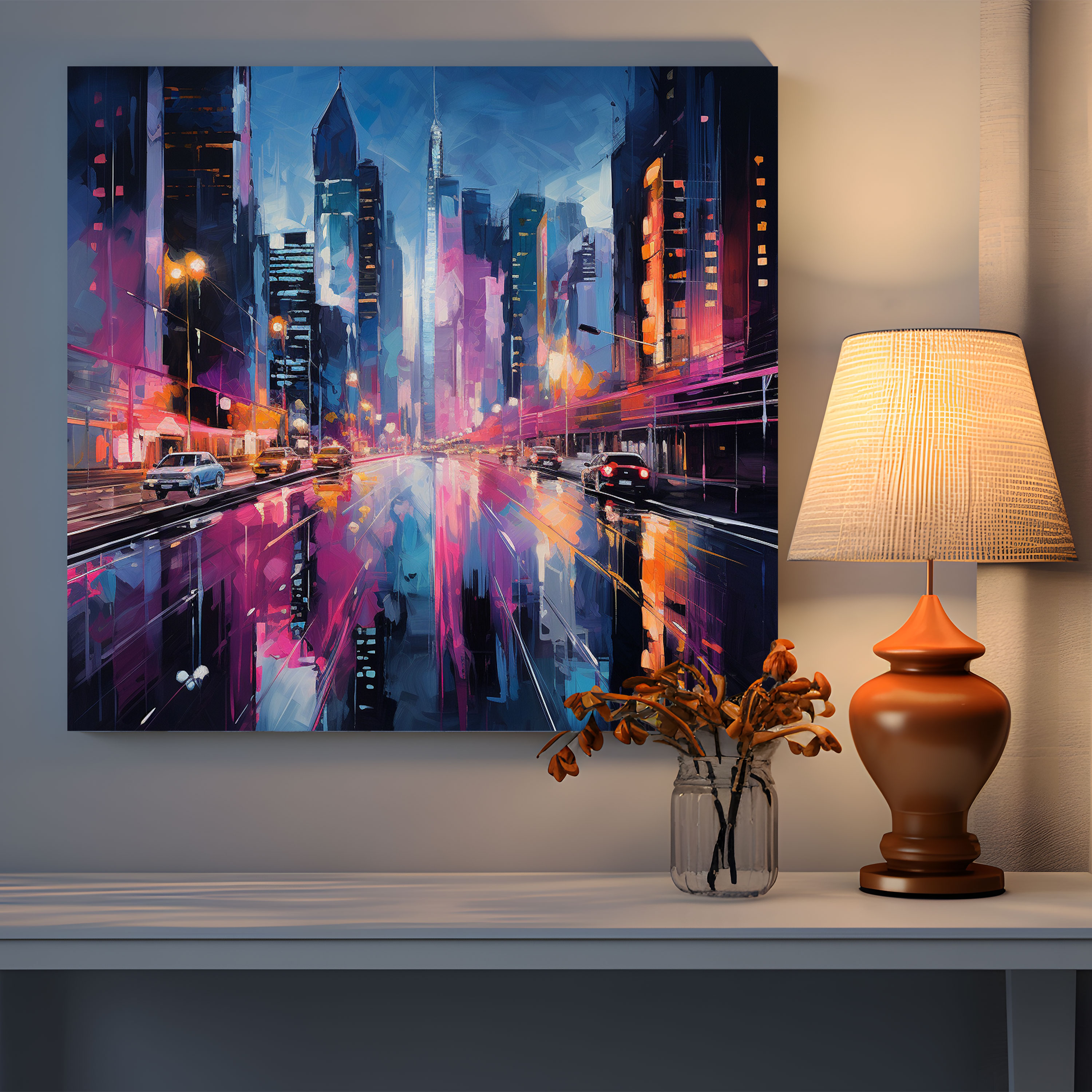 Hotel Cityscape Canvas Print - Hotel, Home Decoration, Neon Lights, Canvas Print