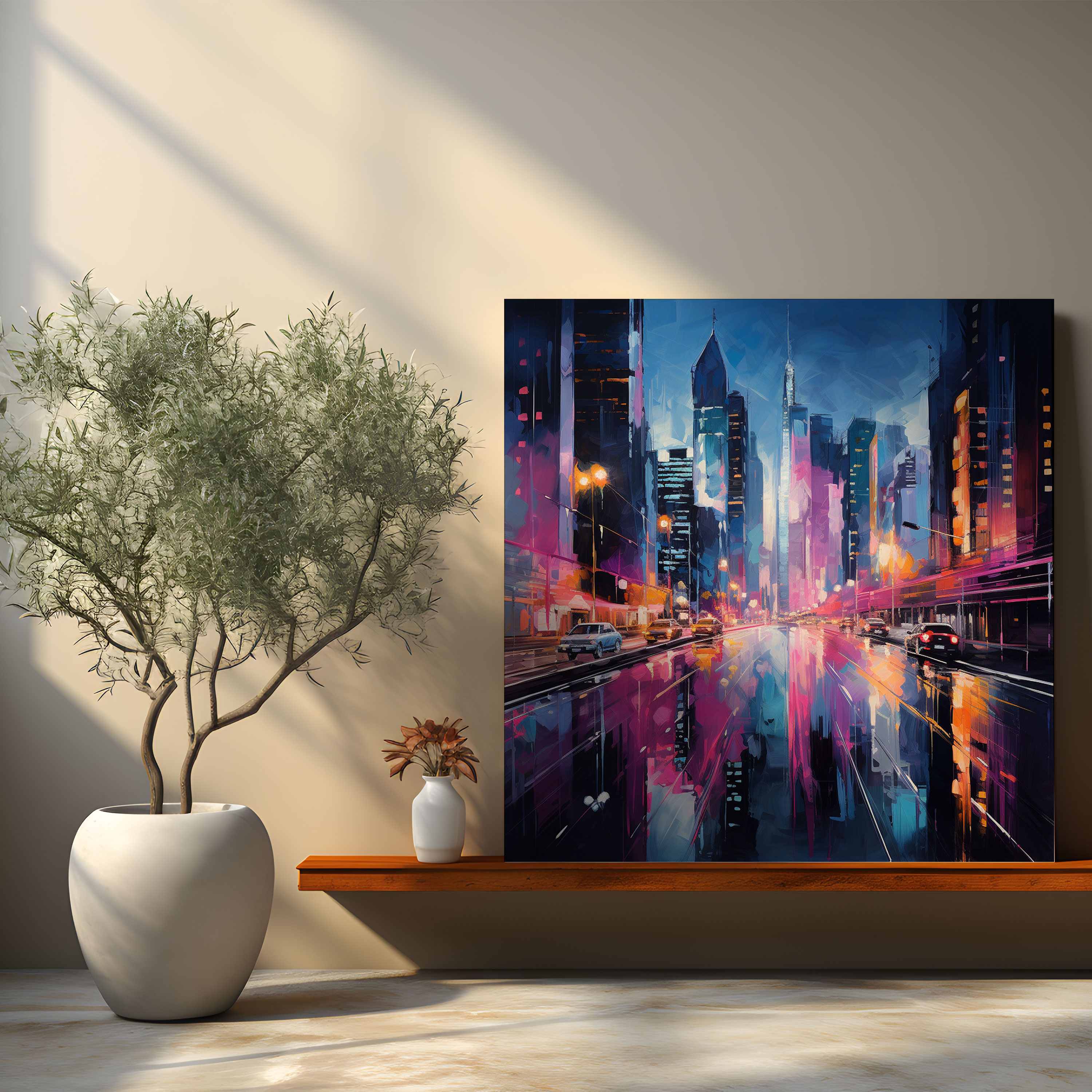 Hotel Cityscape Canvas Print - Hotel, Home Decoration, Neon Lights, Canvas Print