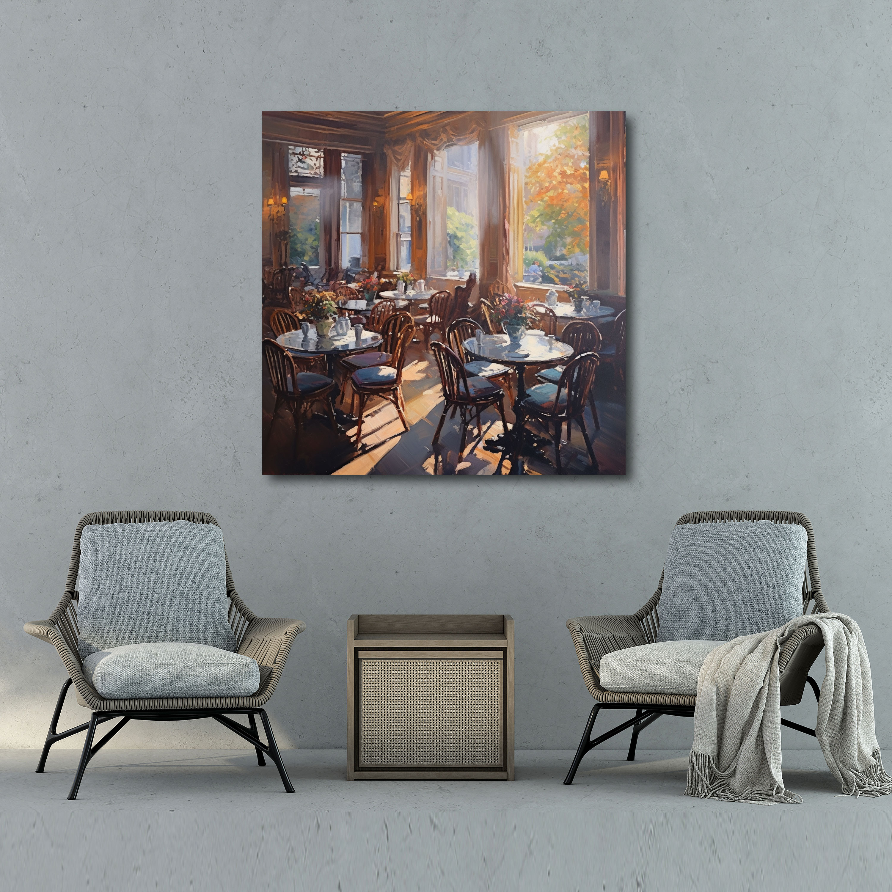 Cozy Hotel Cafe Canvas Print - Hotel, Impressionist Painting, Afternoon Tea, Canvas Wall Art