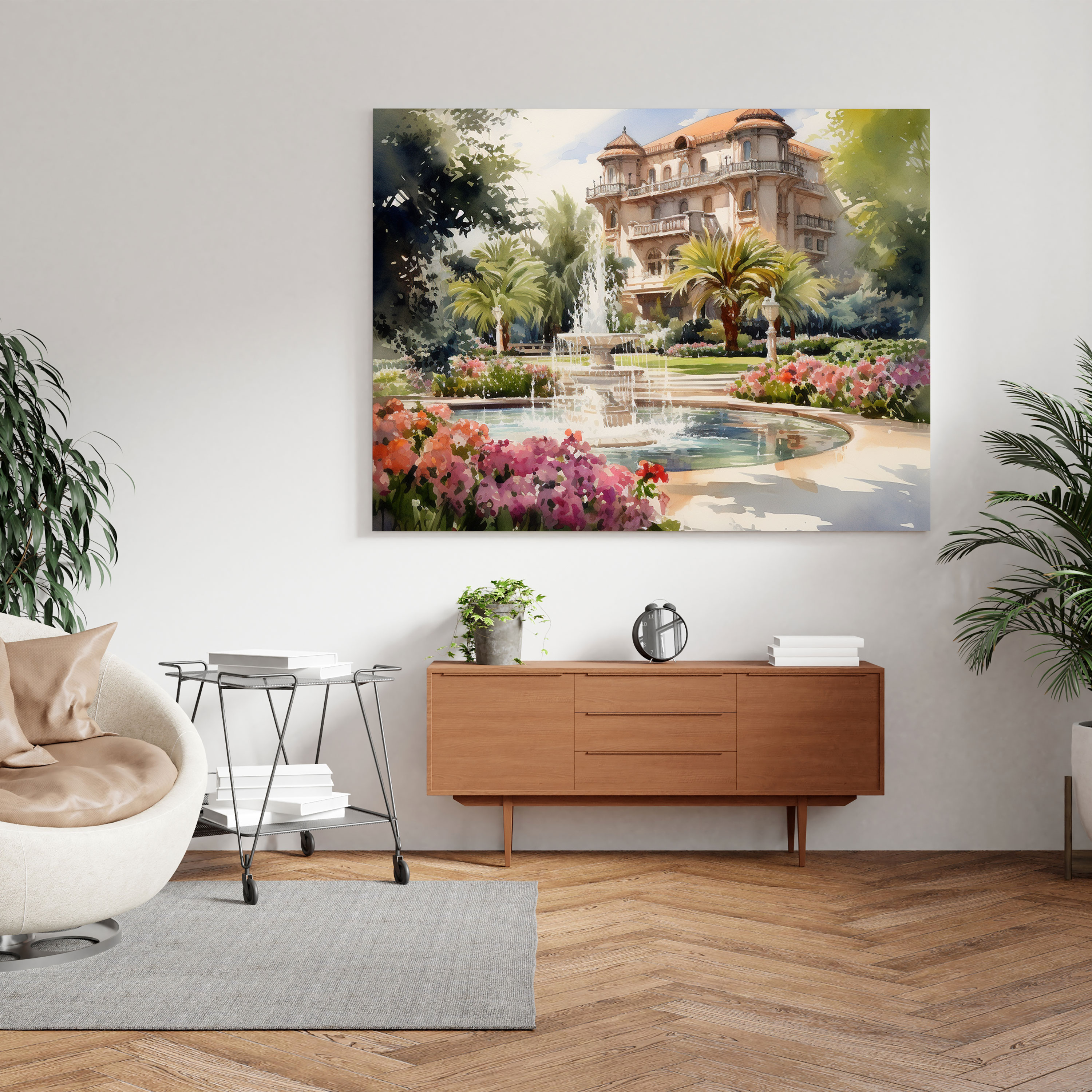 Watercolor Hotel Garden Painting Canvas Print - Hotel, Canvas, Wall Art, Hotel Theme