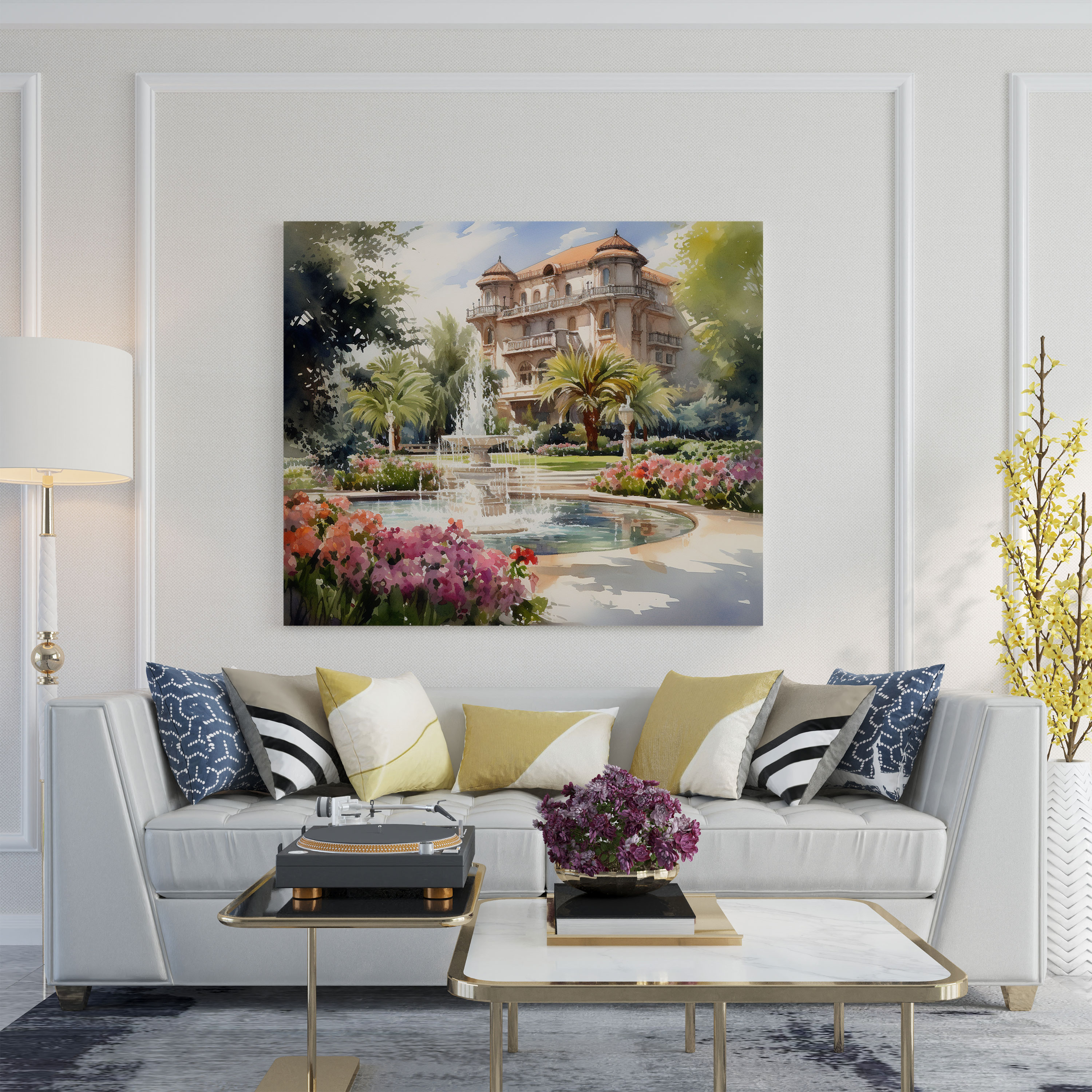 Watercolor Hotel Garden Painting Canvas Print - Hotel, Canvas, Wall Art, Hotel Theme