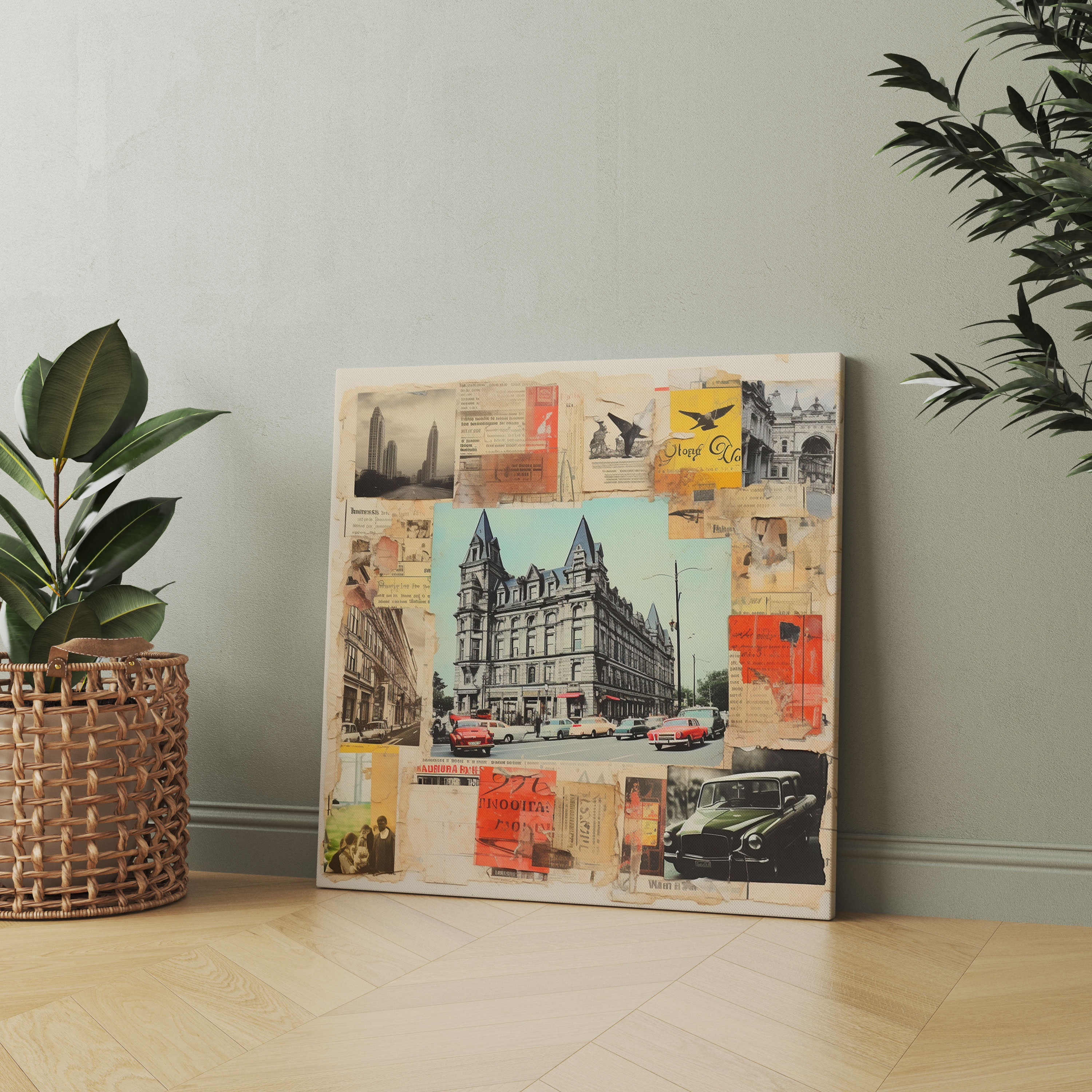 Vintage Hotel Collage Artwork Canvas Print - Hotel, Canvas, Canvas Wall Art, Collage Artwork