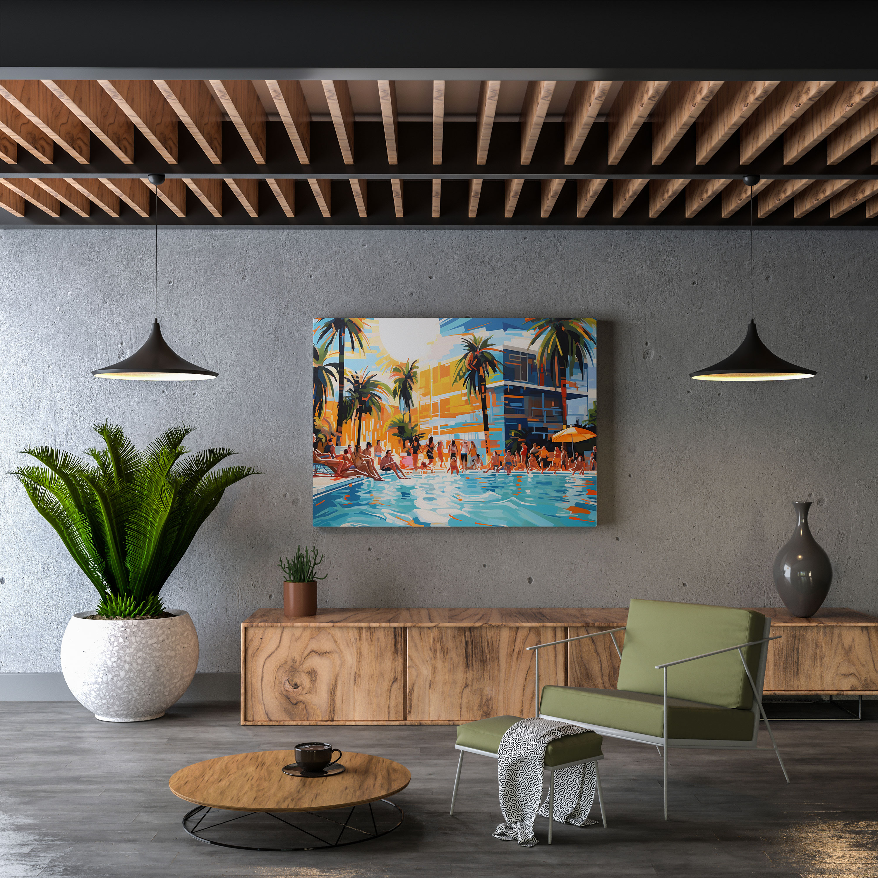 Pop Art Hotel Pool Painting Canvas Print - Hotel, Pop Art Style Painting, Hotel Pool, Canvas